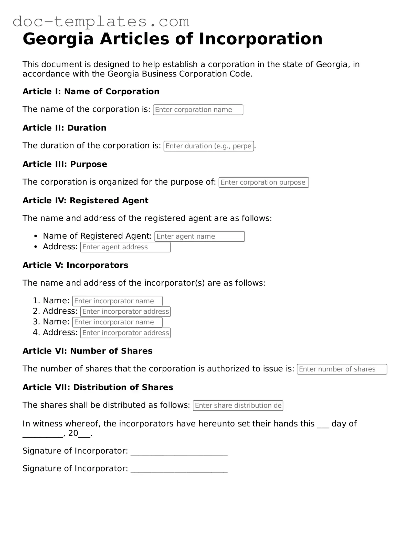 Legal  Articles of Incorporation Form for Georgia