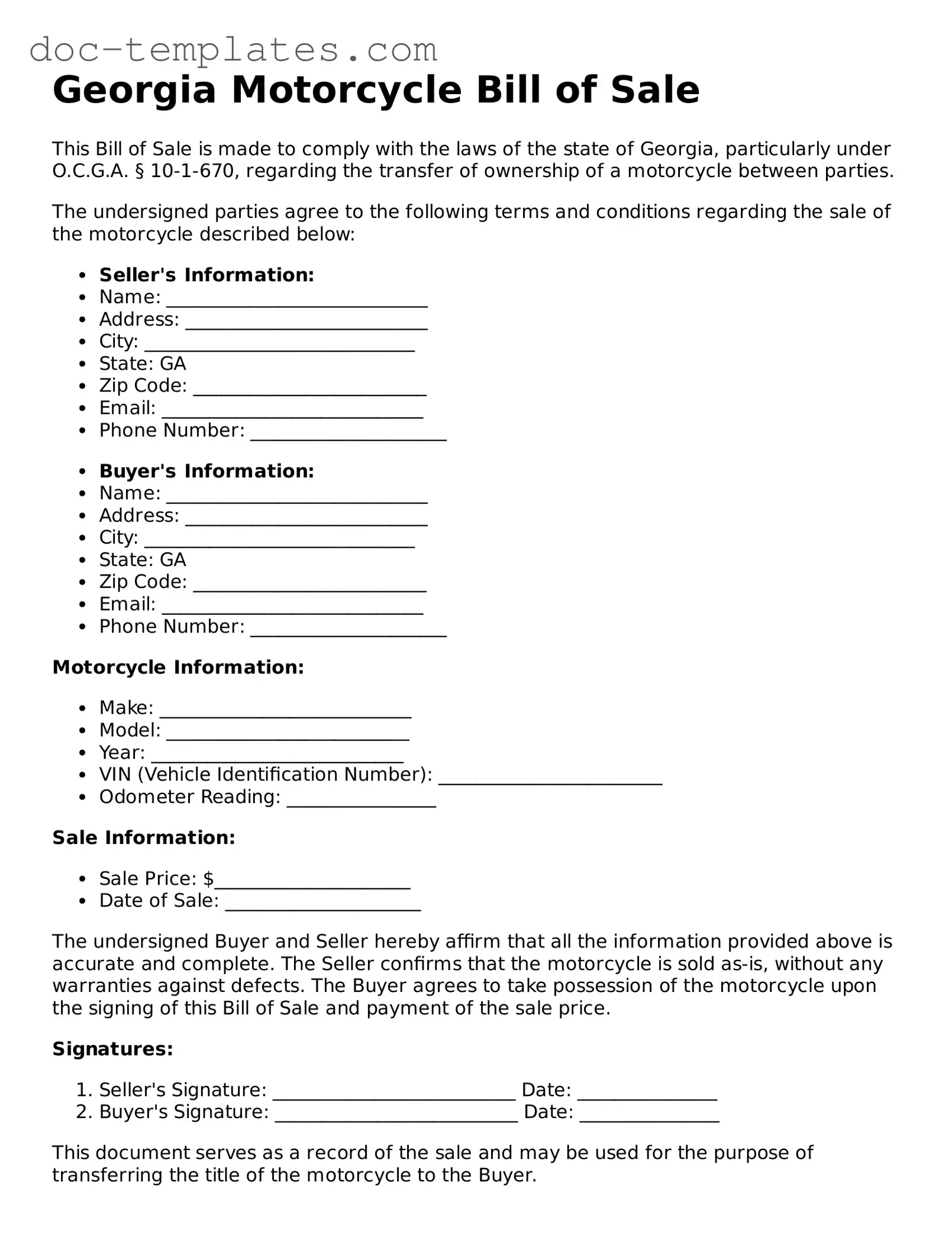 Legal  Motorcycle Bill of Sale Form for Georgia