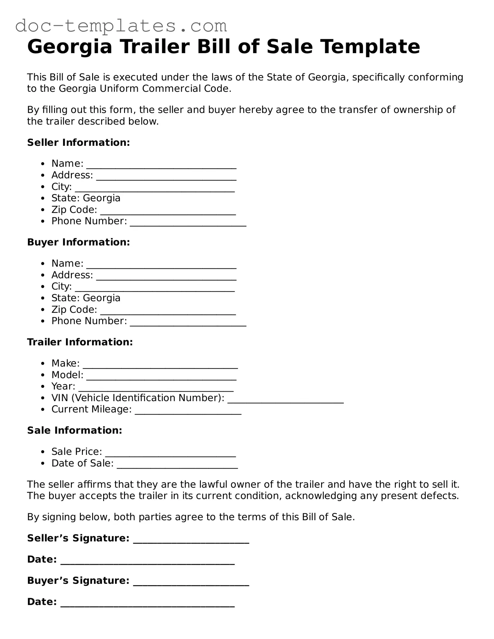 Legal  Trailer Bill of Sale Form for Georgia
