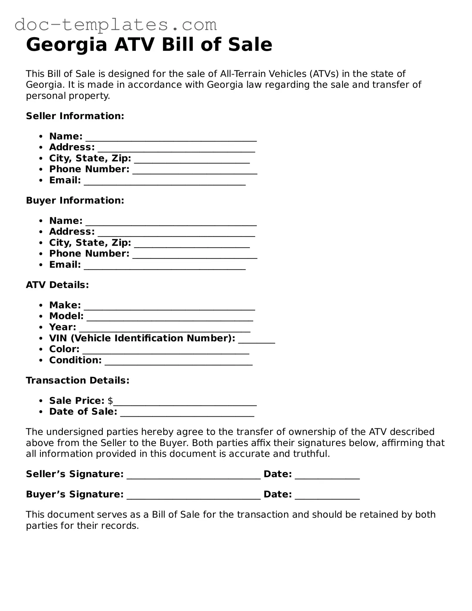 Legal  ATV Bill of Sale Form for Georgia