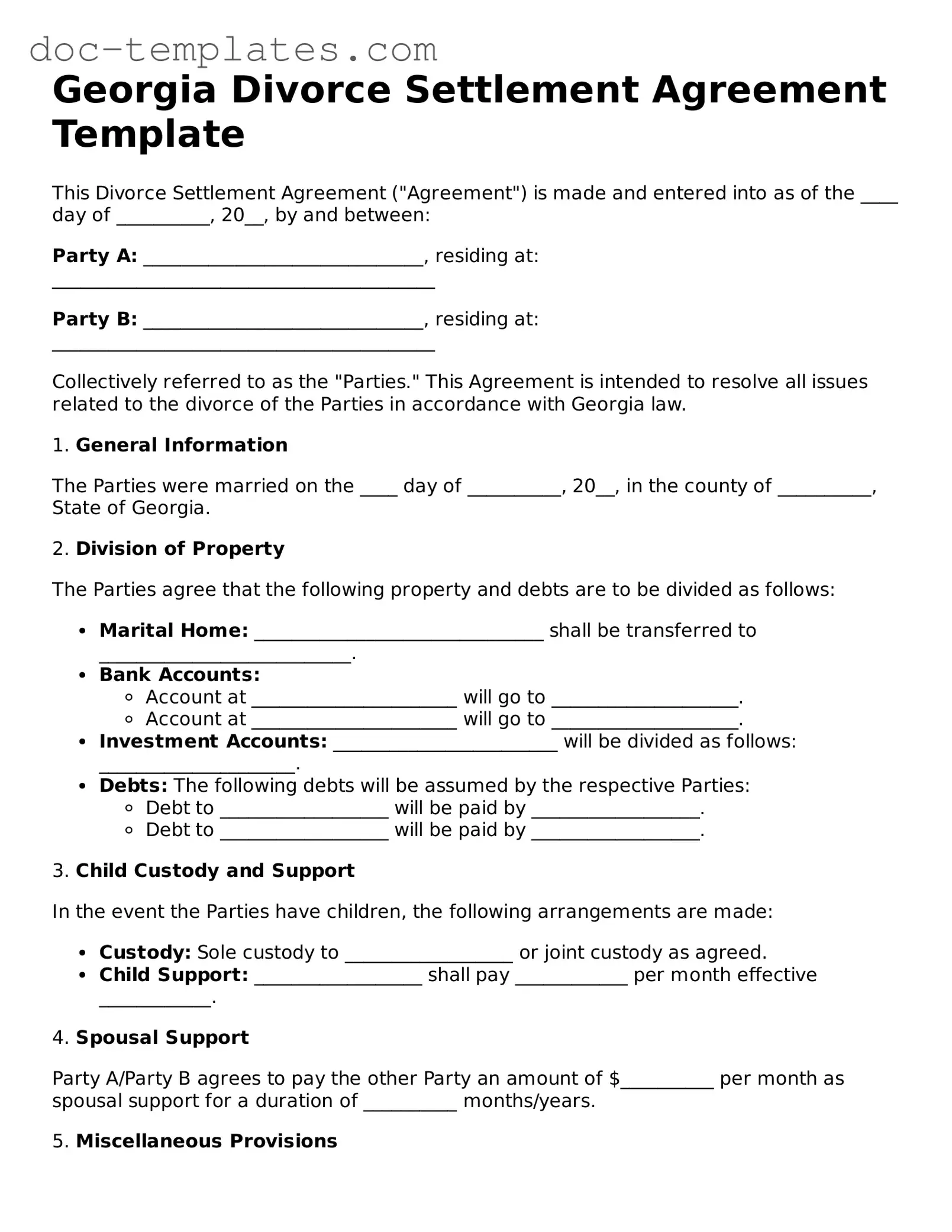 Legal  Divorce Settlement Agreement Form for Georgia