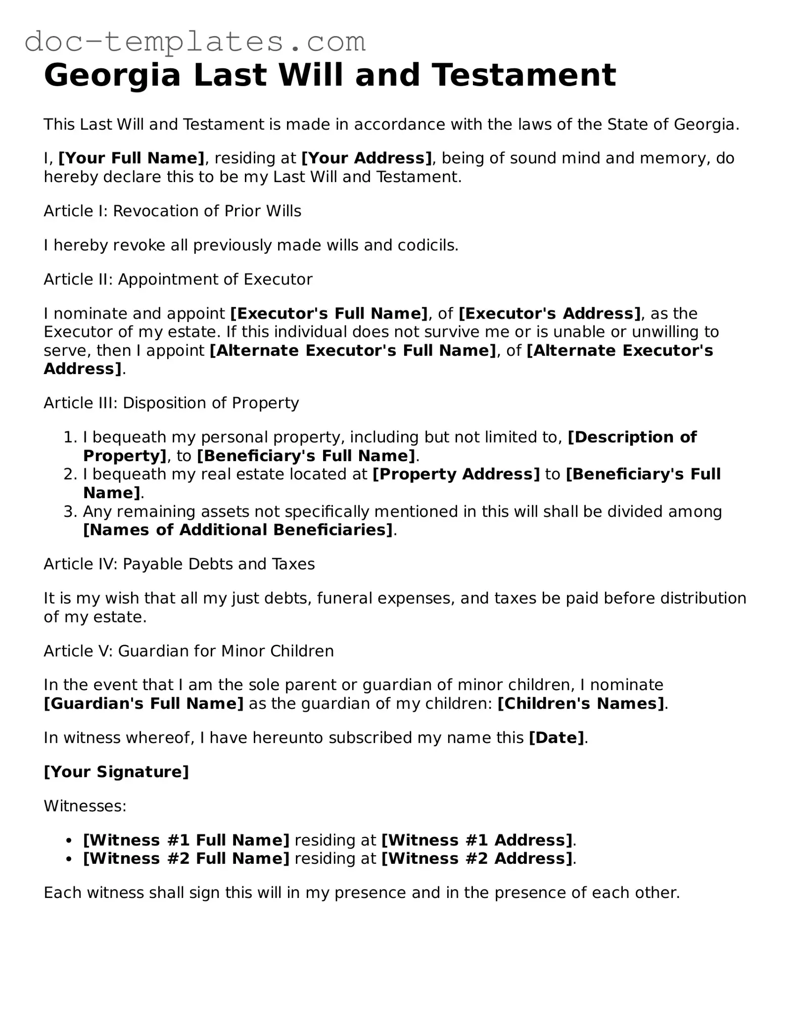 Legal  Last Will and Testament Form for Georgia