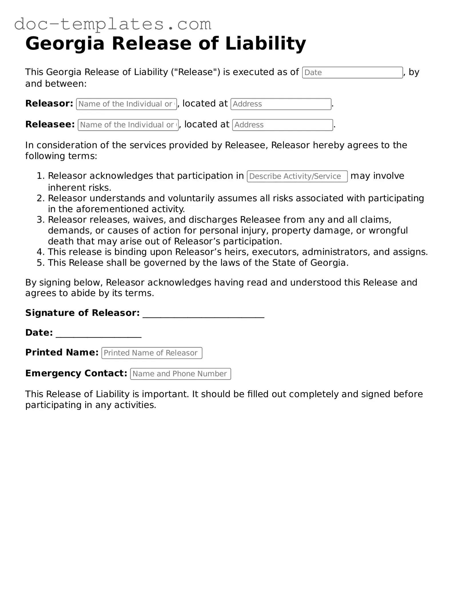 Legal  Release of Liability Form for Georgia