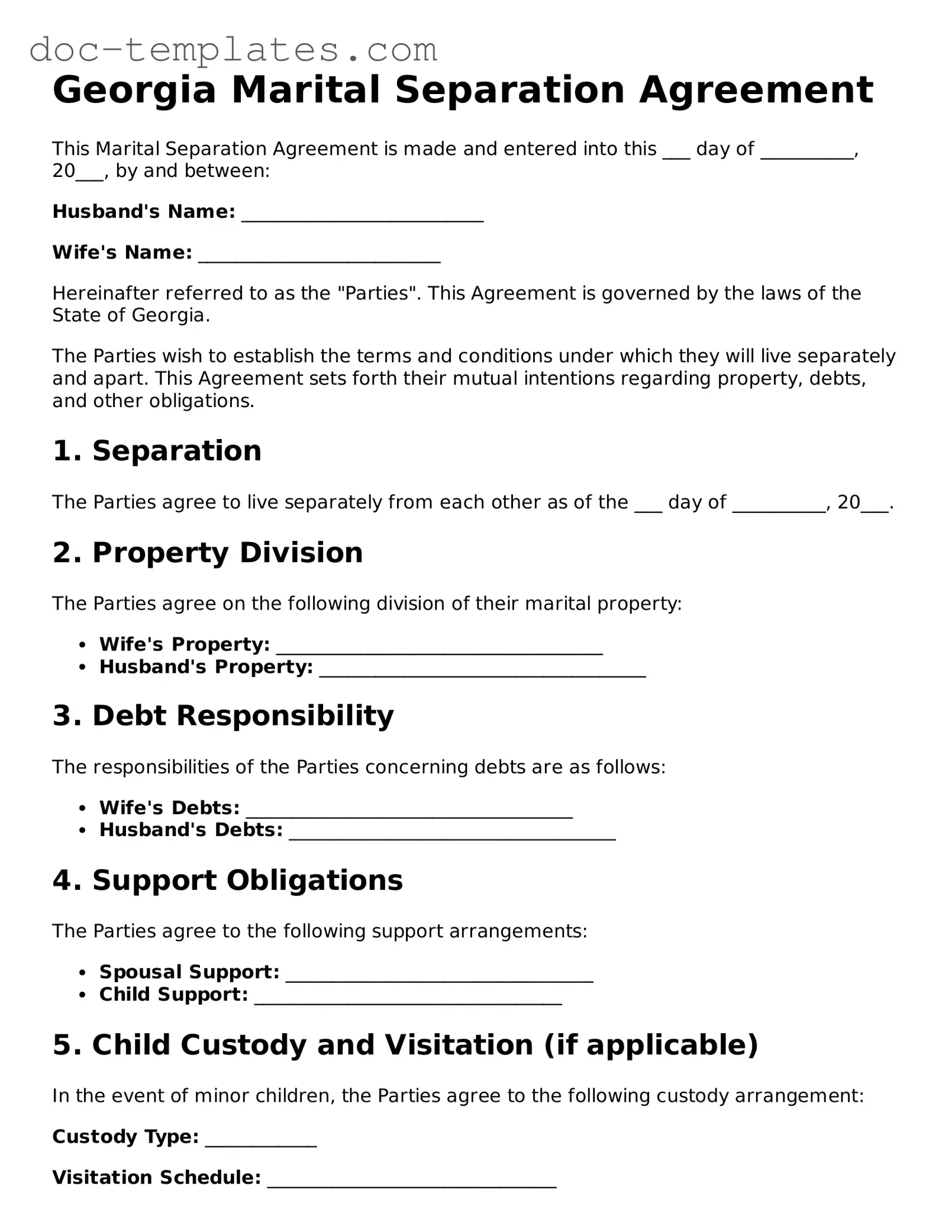 Legal  Marital Separation Agreement Form for Georgia