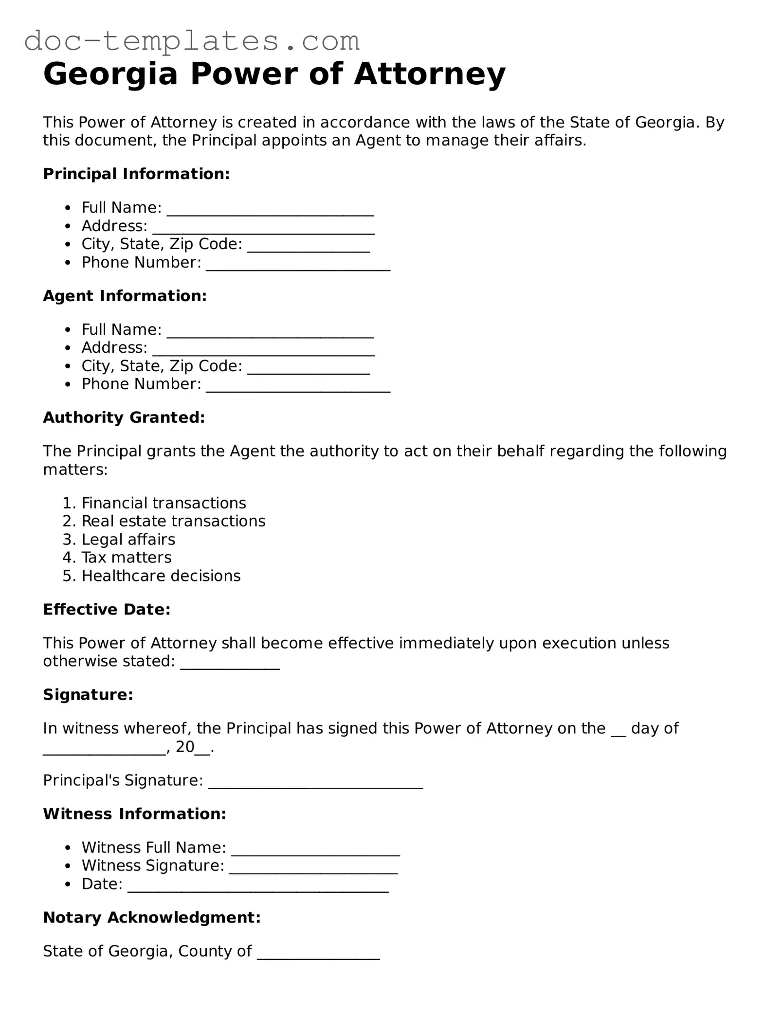 Legal  Power of Attorney Form for Georgia