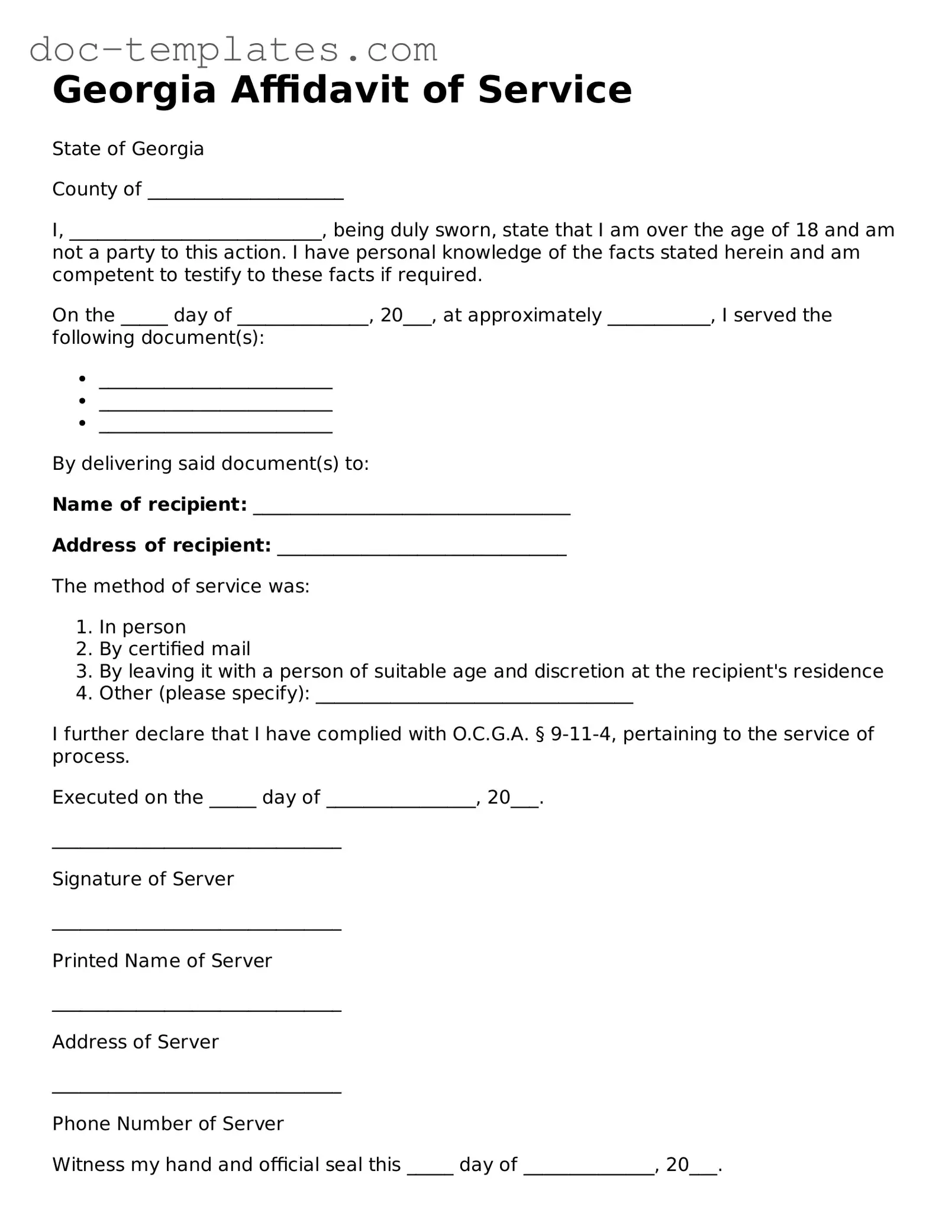 Legal  Affidavit of Service Form for Georgia