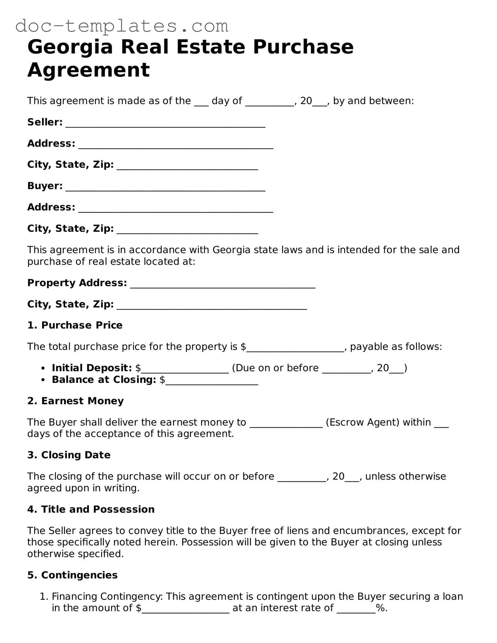 Legal  Real Estate Purchase Agreement Form for Georgia