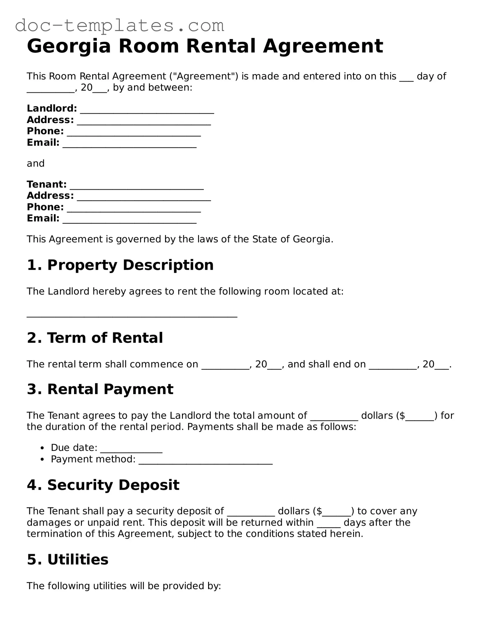 Legal  Room Rental Agreement Form for Georgia
