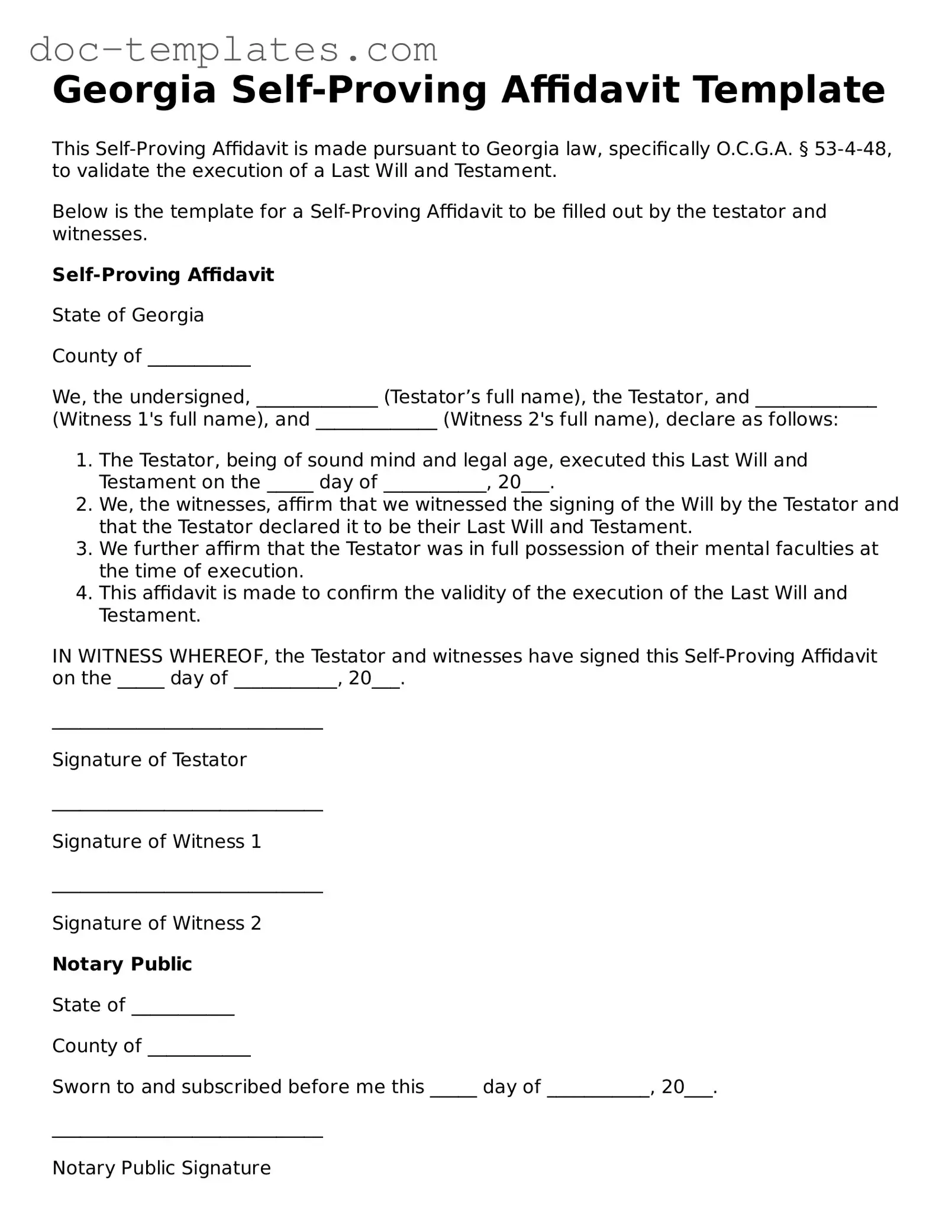 Legal  Self-Proving Affidavit Form for Georgia