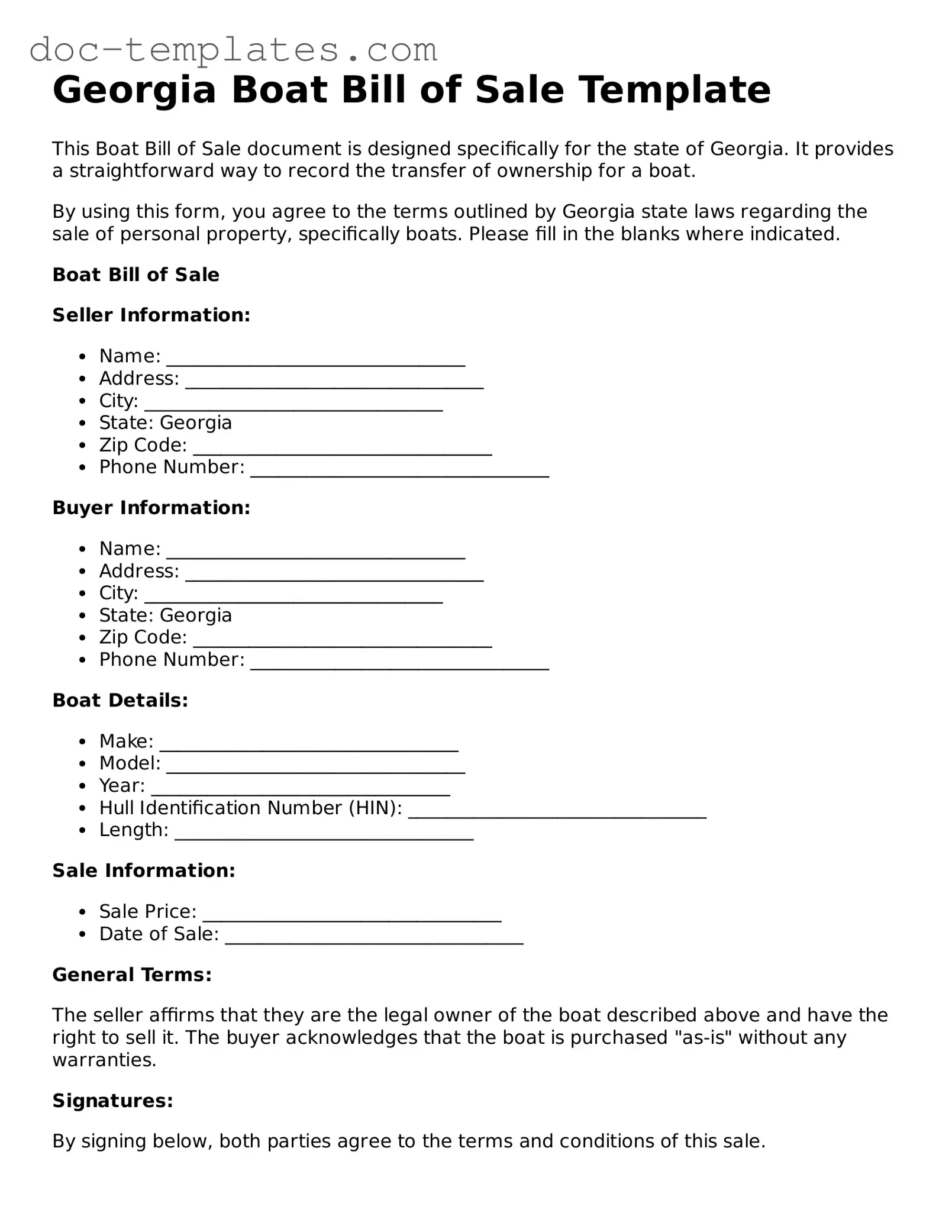 Legal  Boat Bill of Sale Form for Georgia
