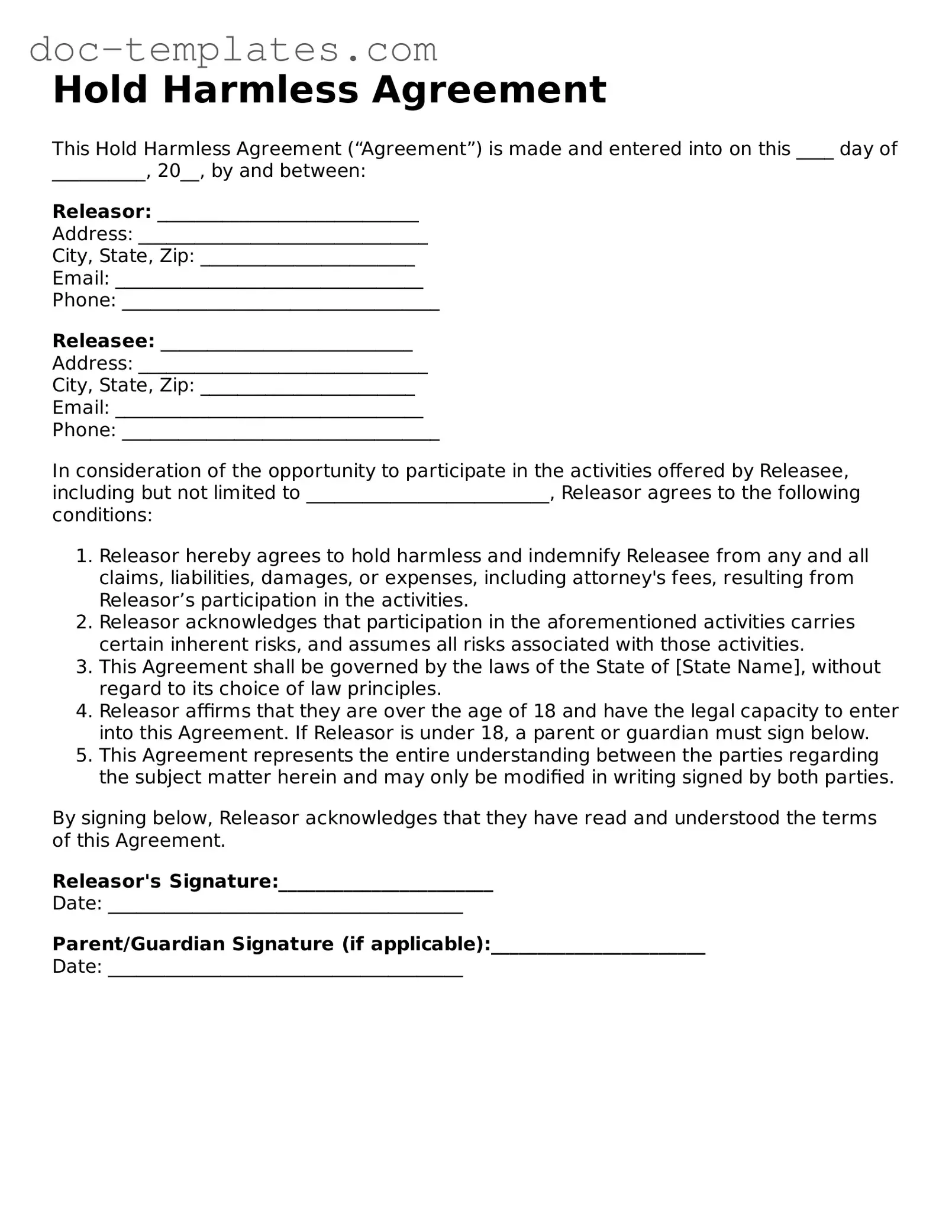 Official Hold Harmless Agreement Document