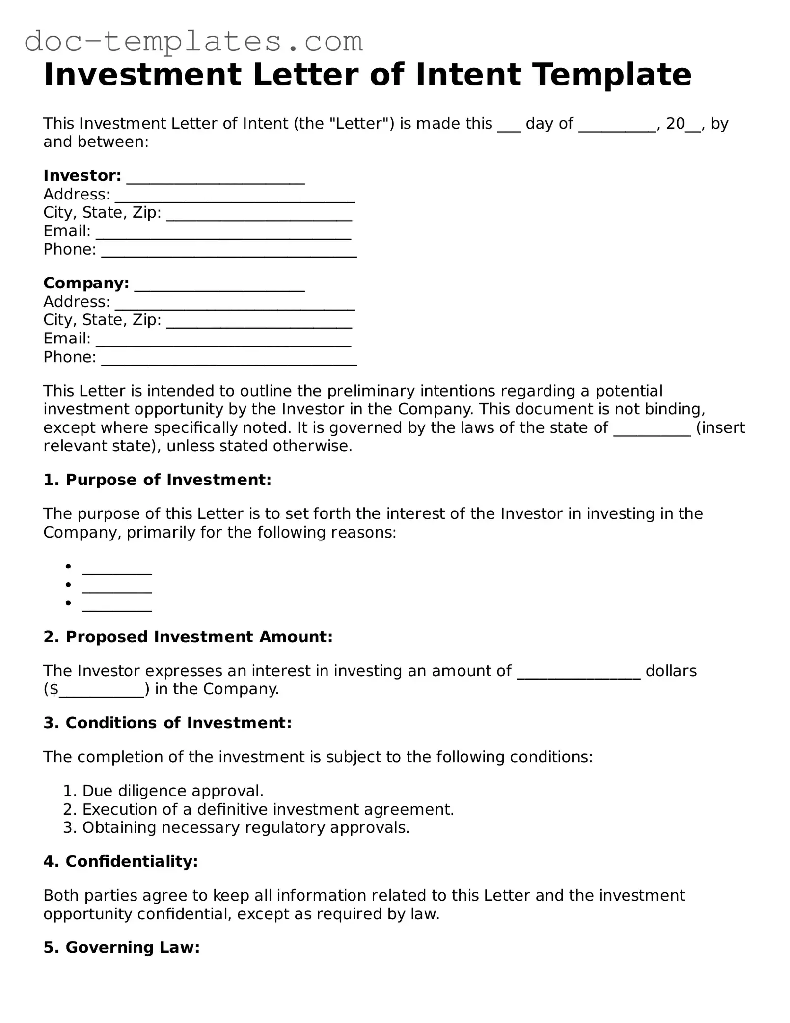 Official Investment Letter of Intent Document
