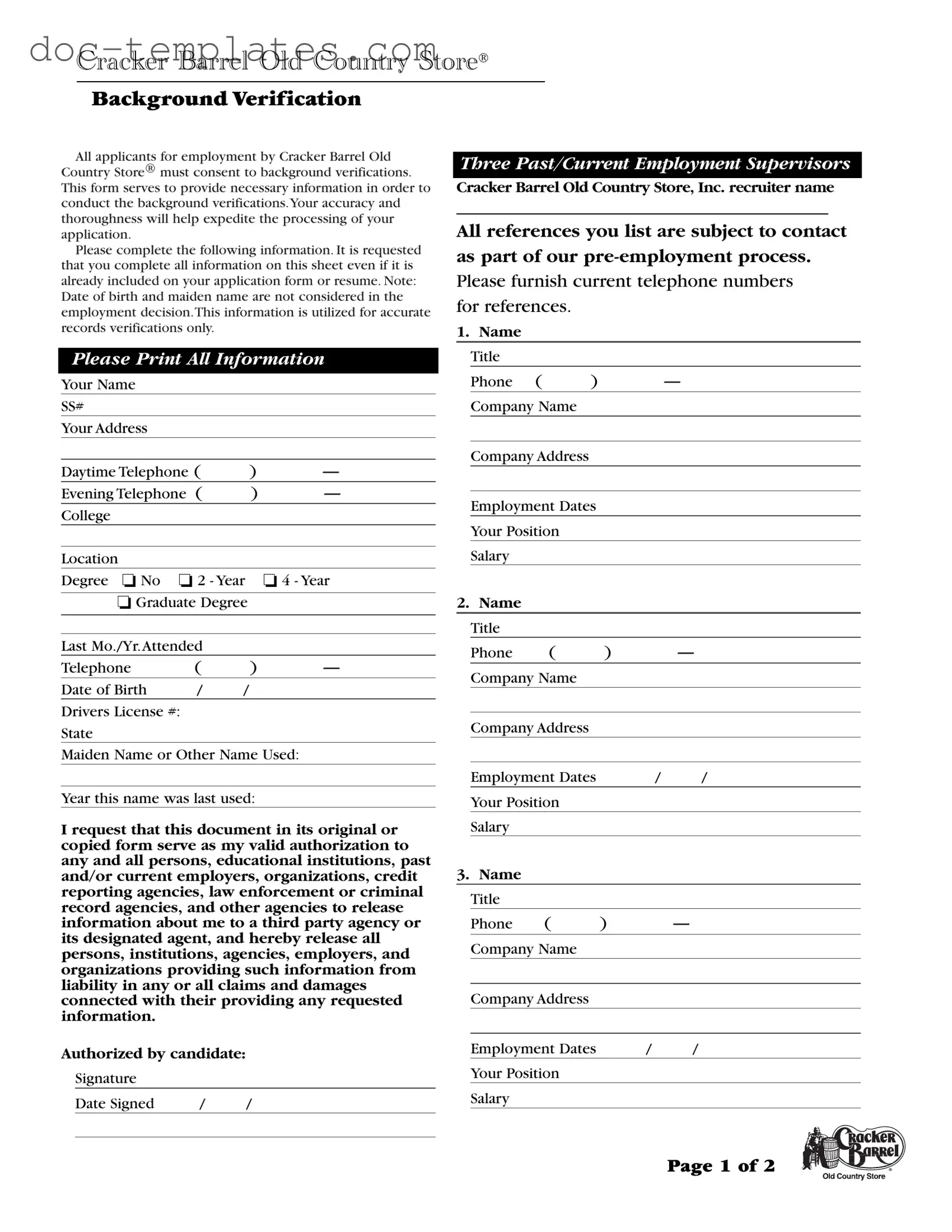 Download Cracker Barrel Background Check Template