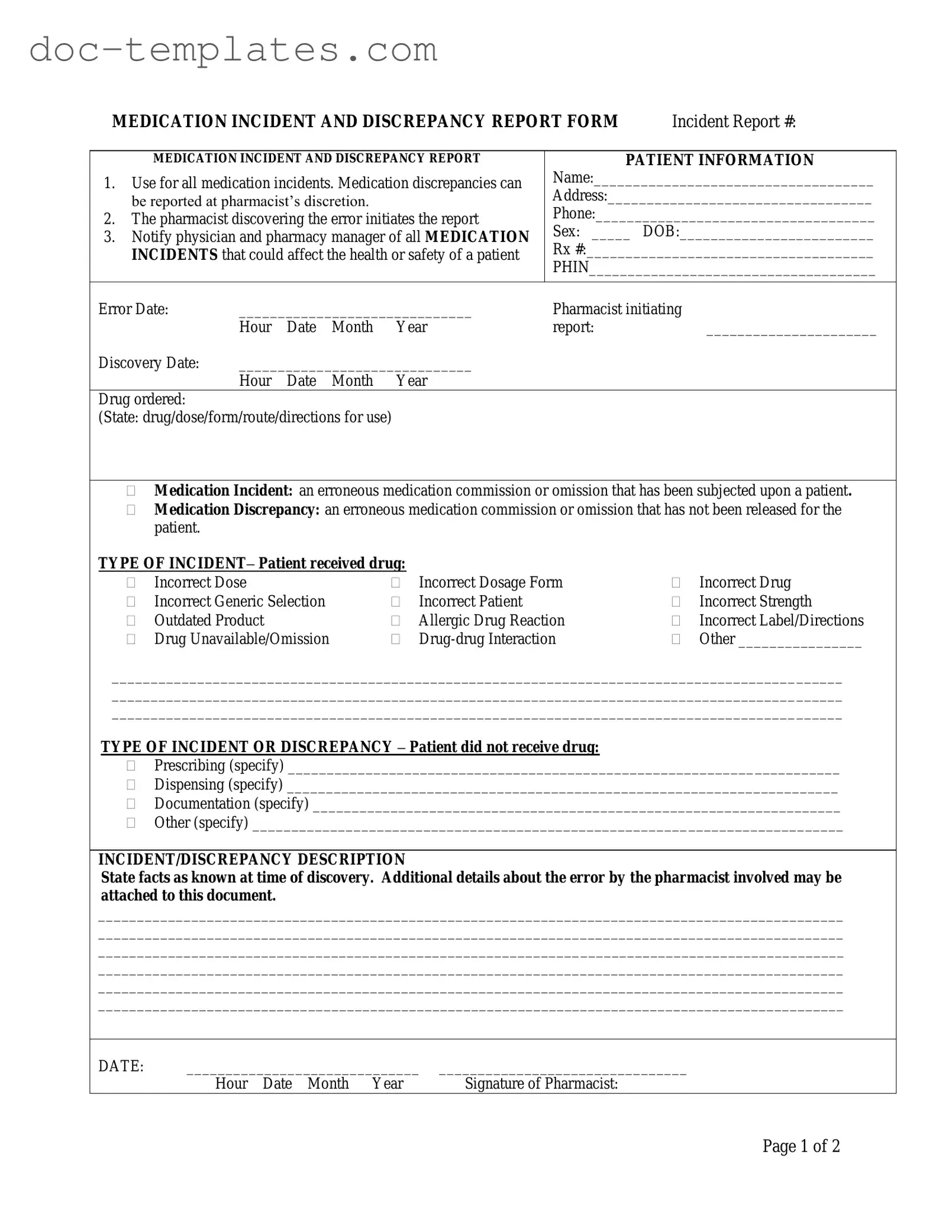 Free medication error template simple pdf form