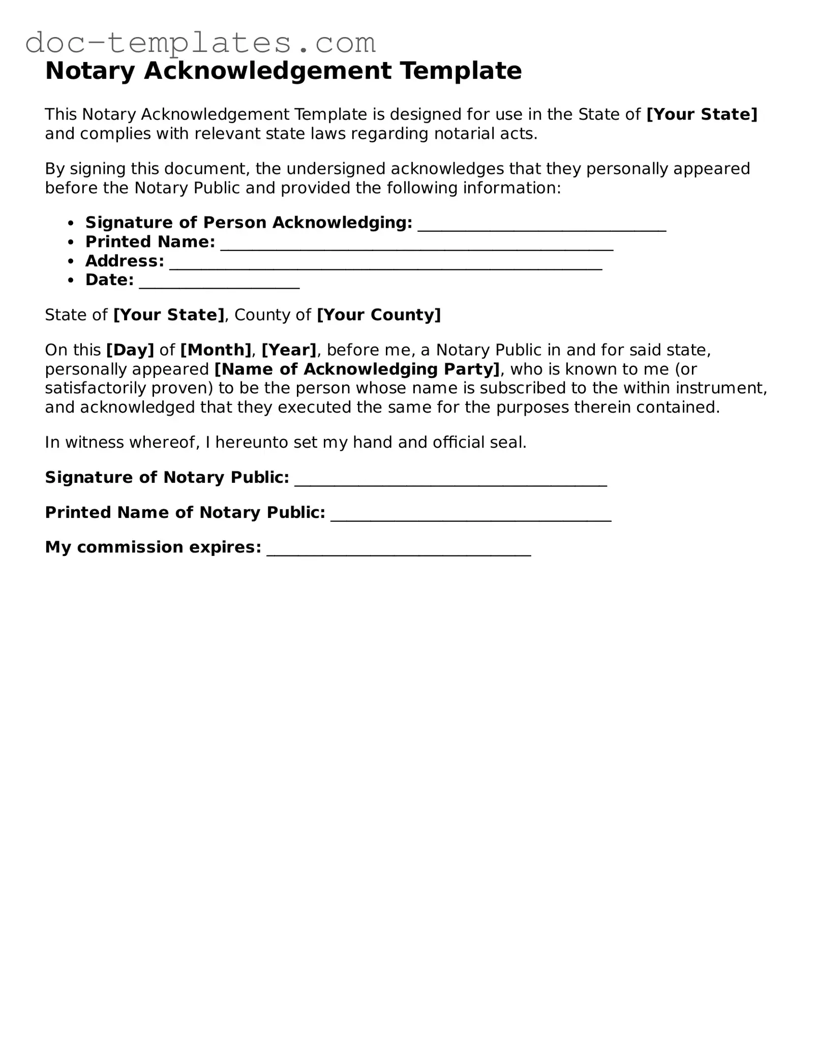 Official Notary Acknowledgement Document