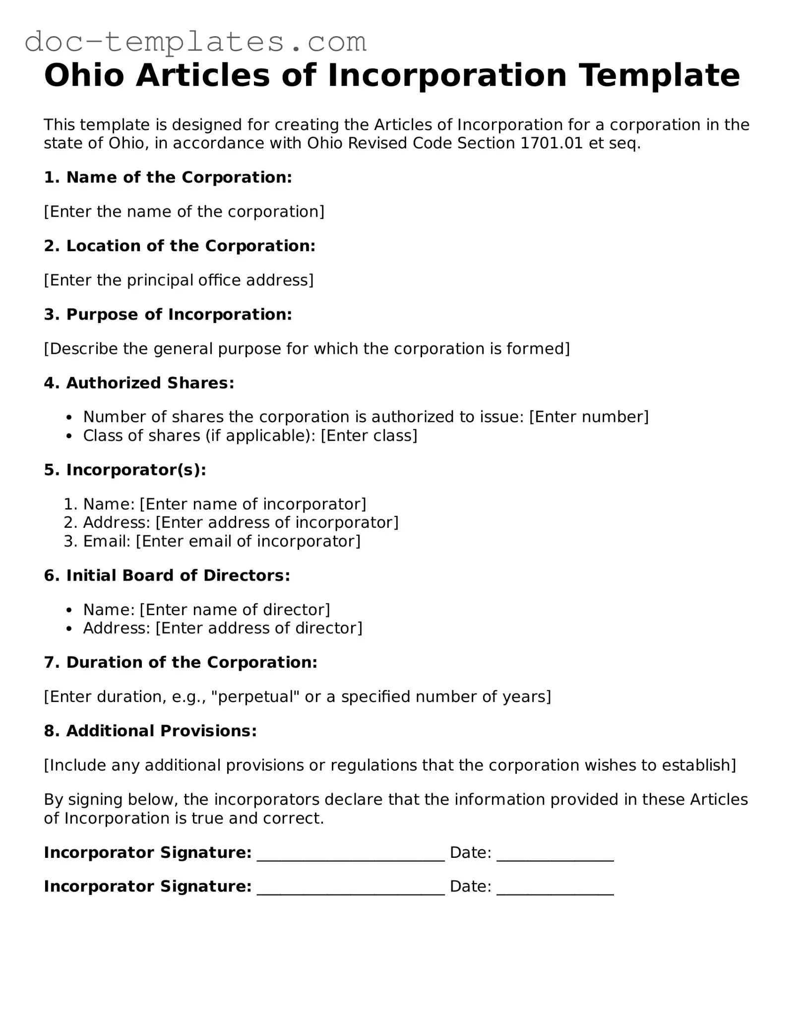 Legal  Articles of Incorporation Form for Ohio