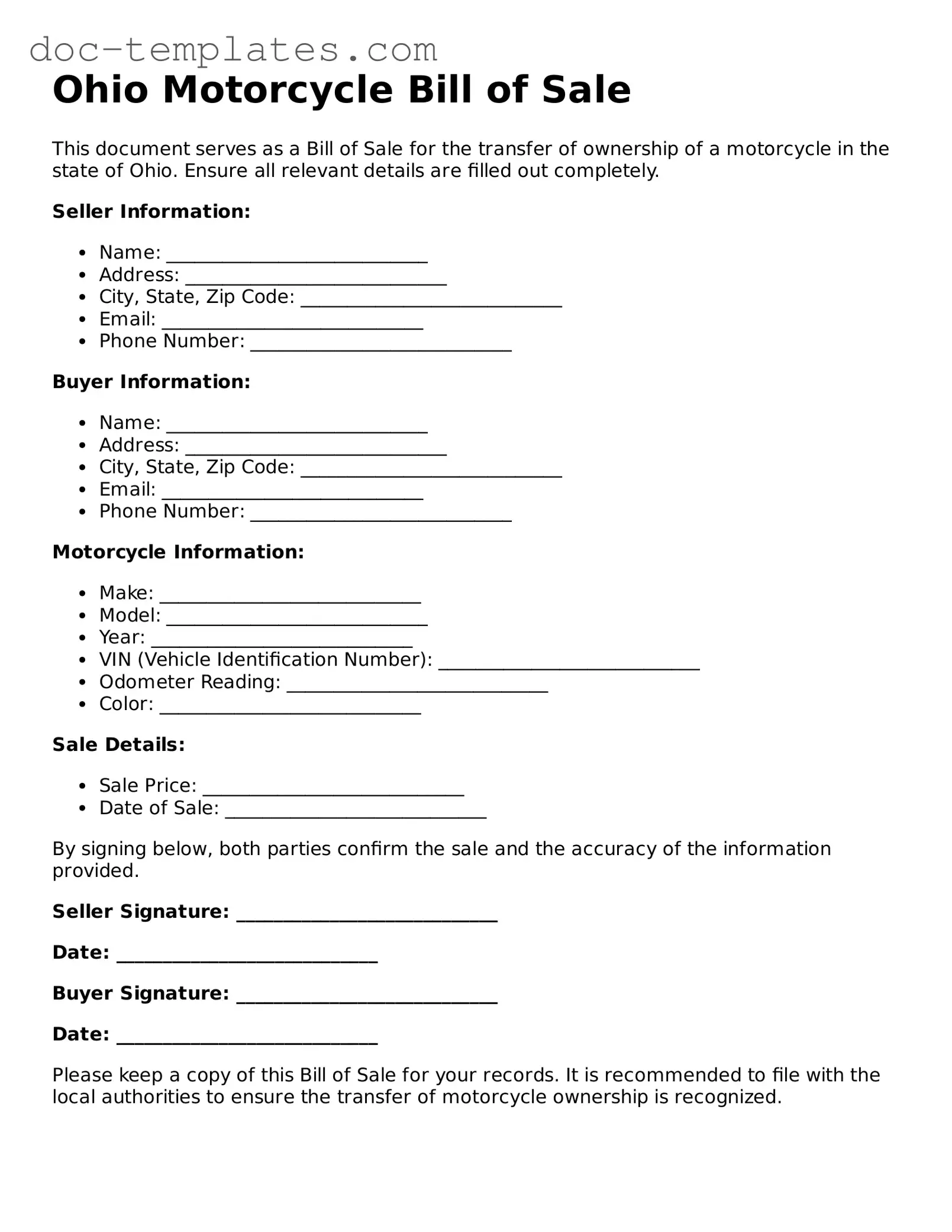 Legal  Motorcycle Bill of Sale Form for Ohio