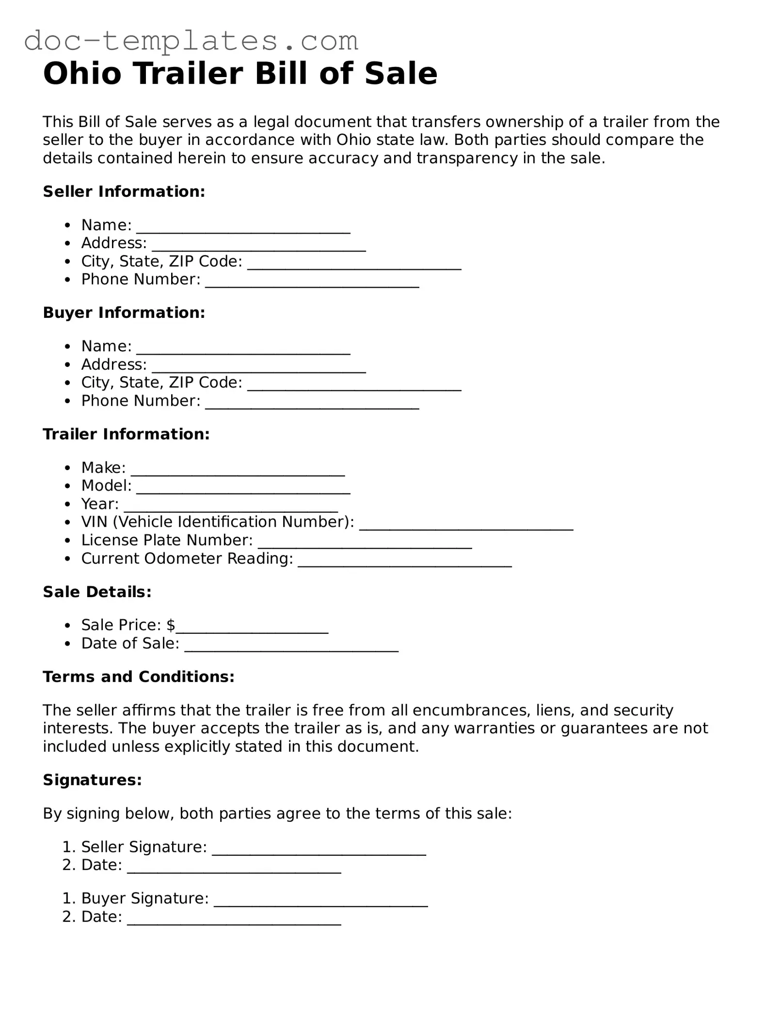 Legal  Trailer Bill of Sale Form for Ohio