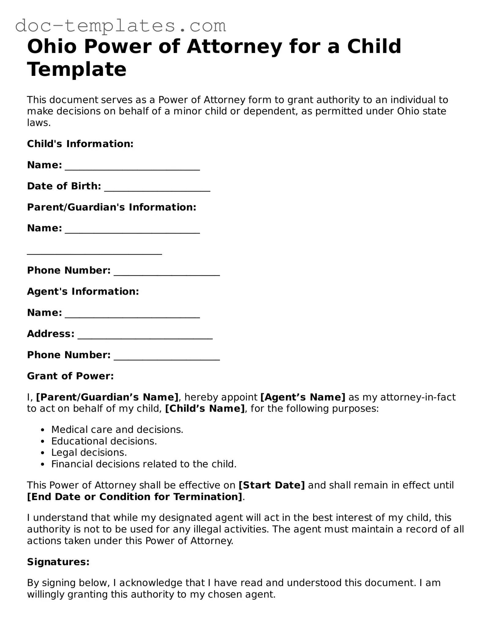 Legal  Power of Attorney for a Child Form for Ohio