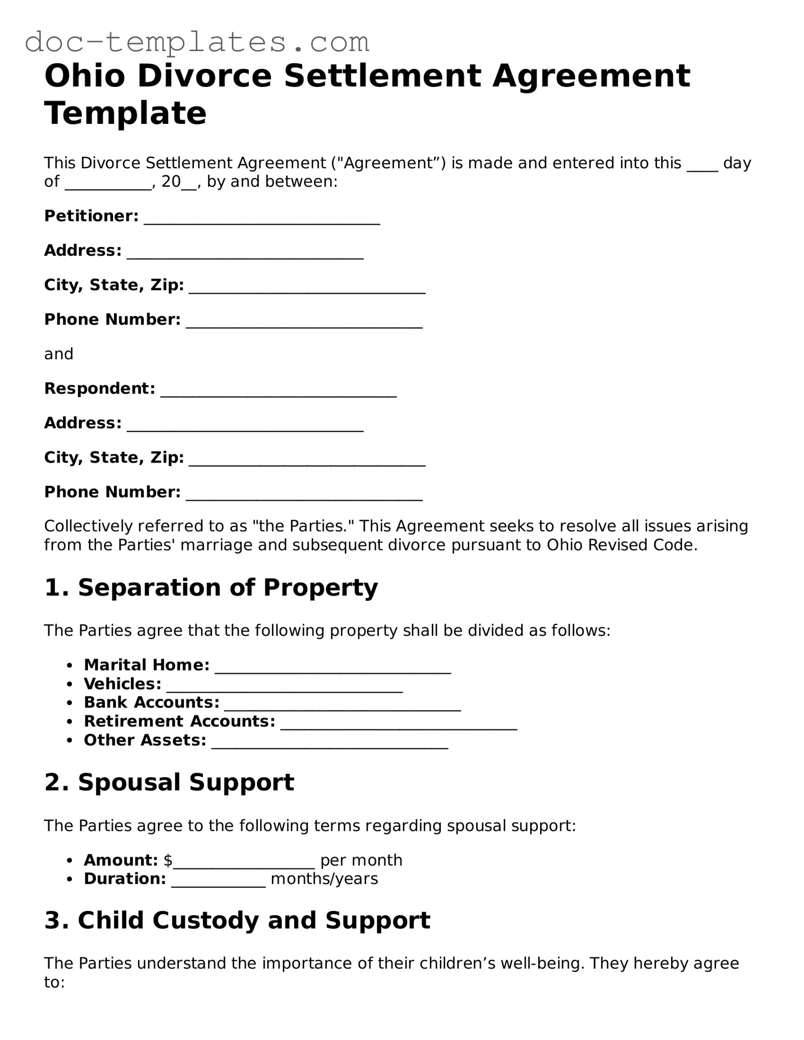 Legal  Divorce Settlement Agreement Form for Ohio