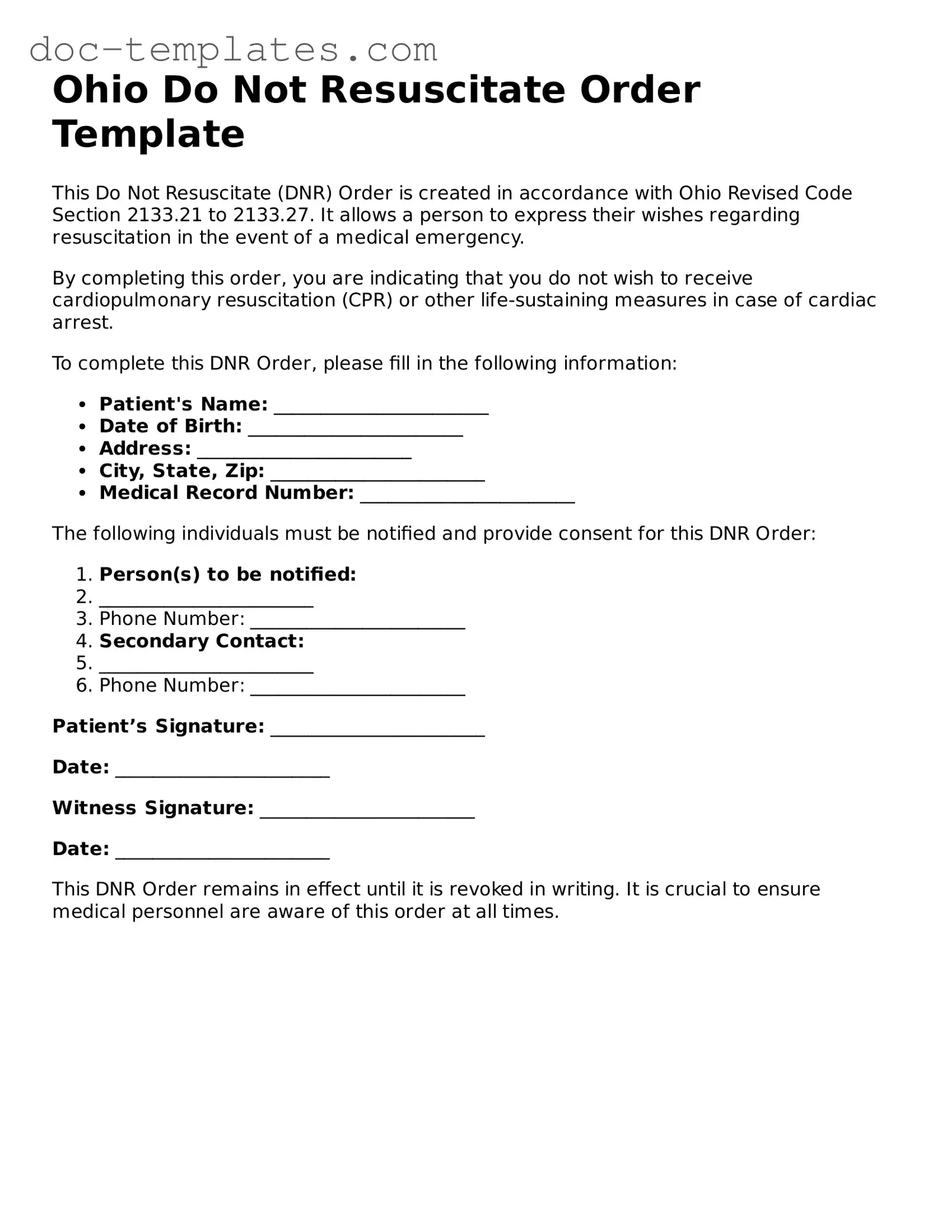 Legal  Do Not Resuscitate Order Form for Ohio