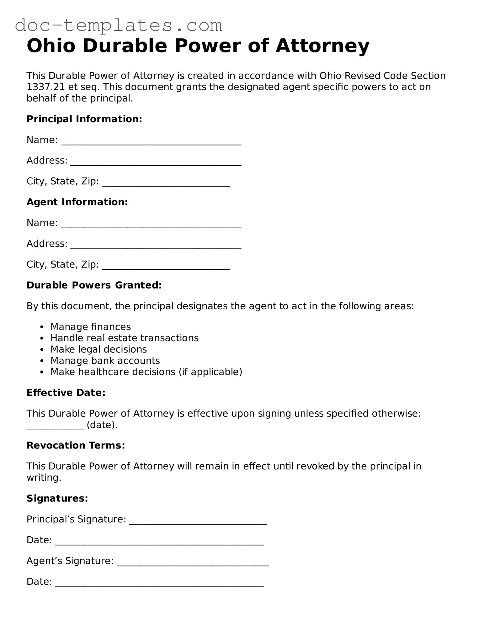 Legal  Durable Power of Attorney Form for Ohio