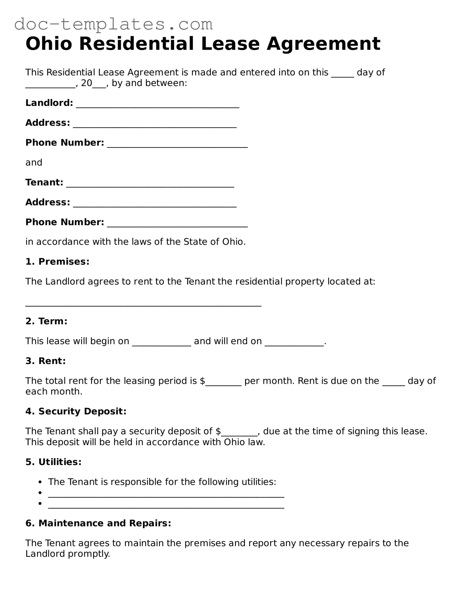 Legal  Residential Lease Agreement Form for Ohio