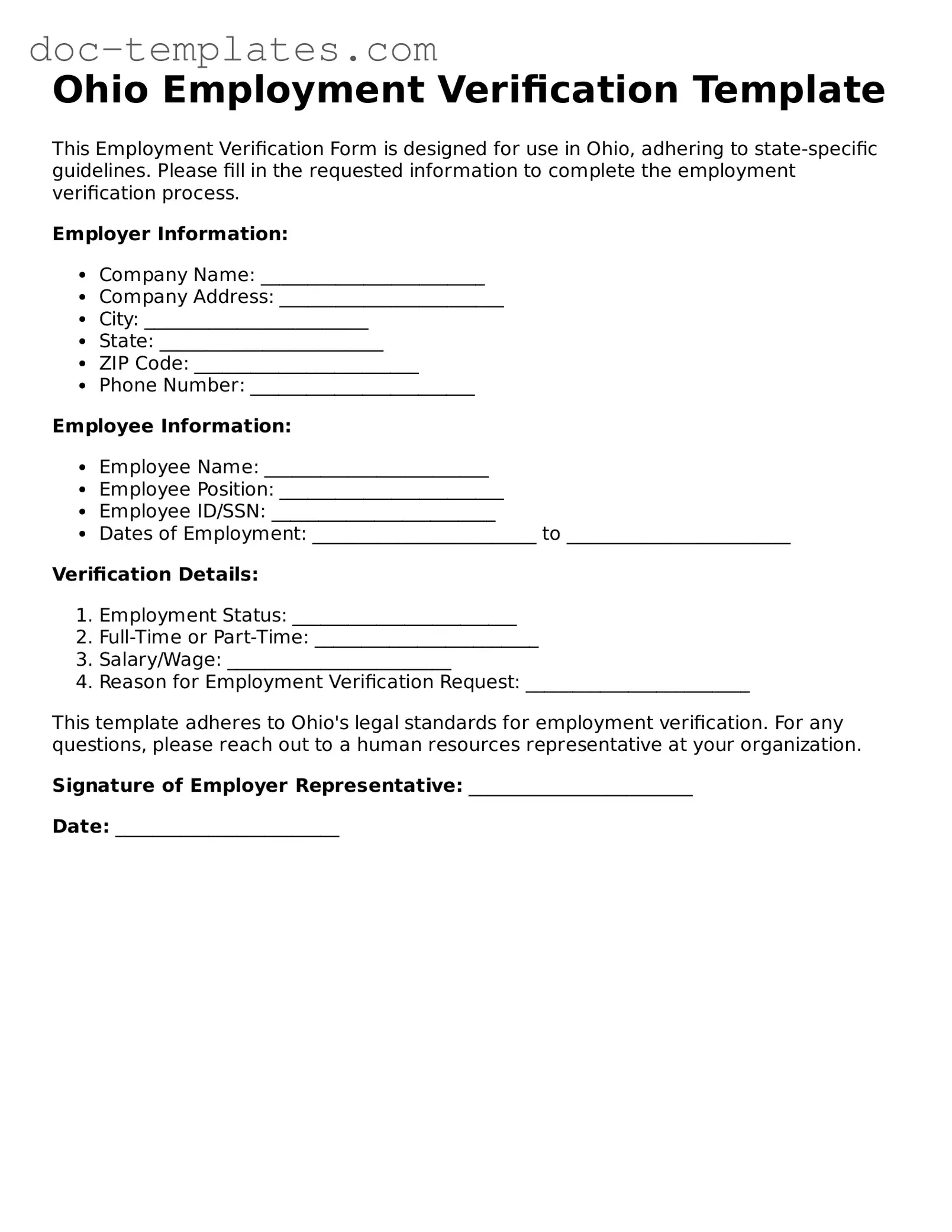 Legal  Employment Verification Form for Ohio