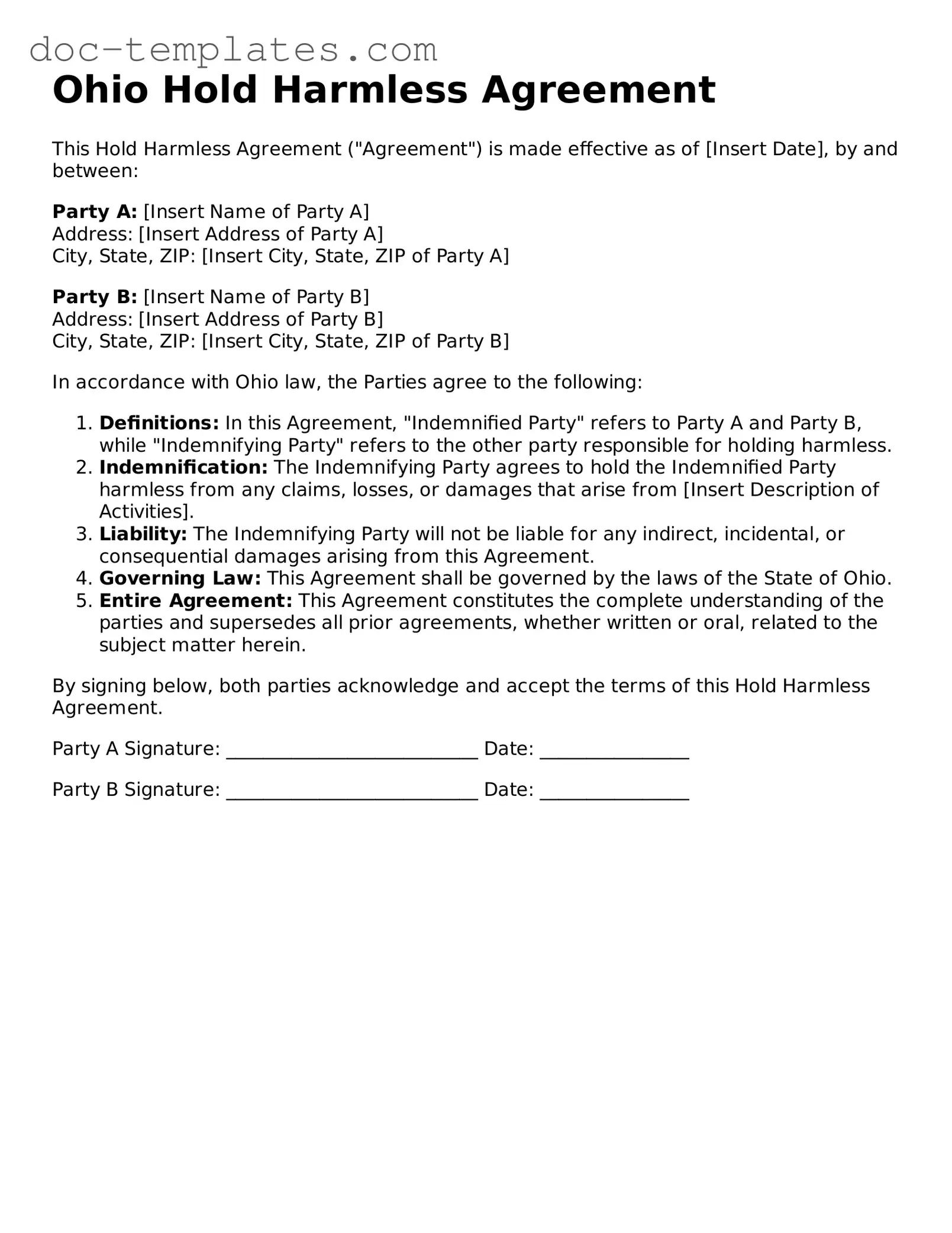 Free Ohio Hold Harmless Agreement Forms Printable Template