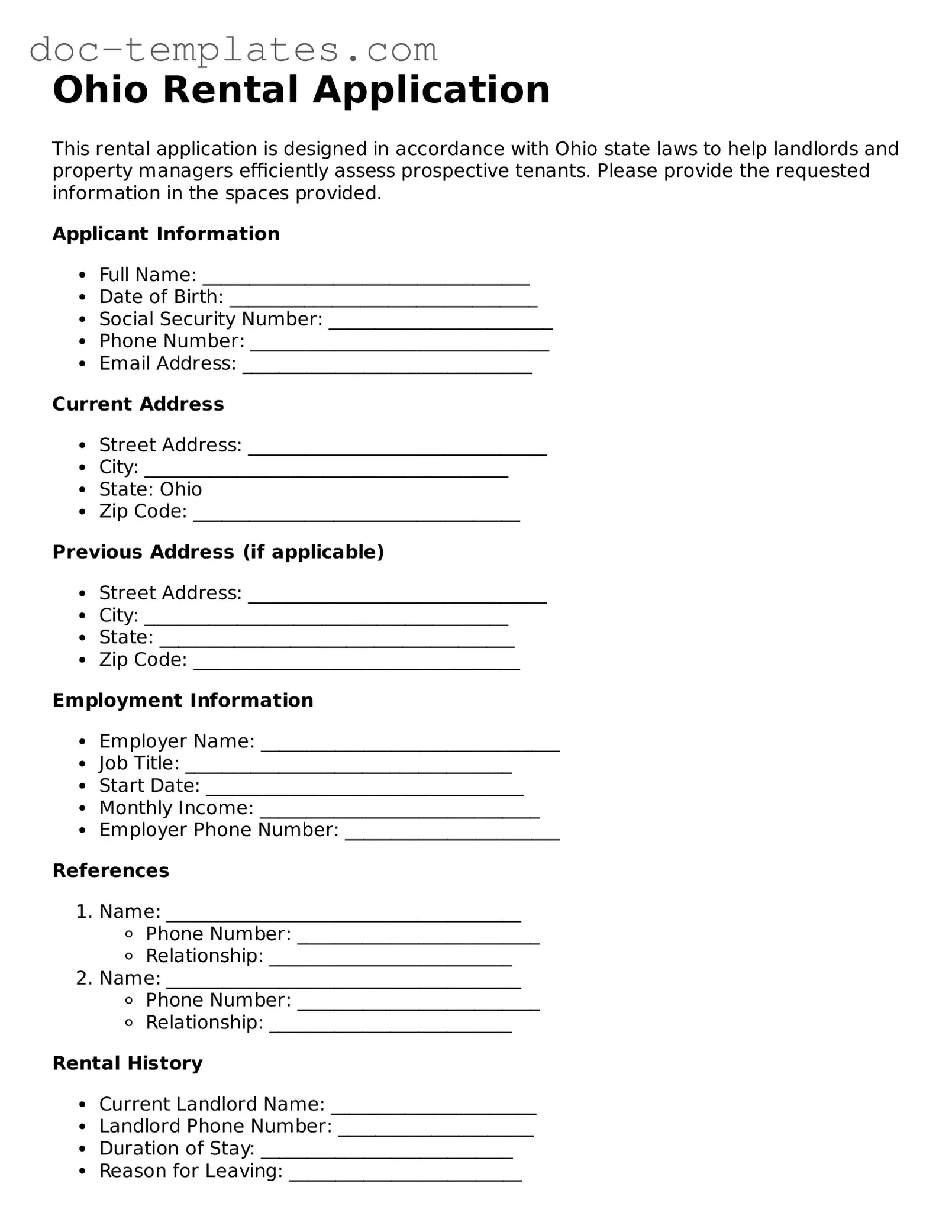 Legal  Rental Application Form for Ohio