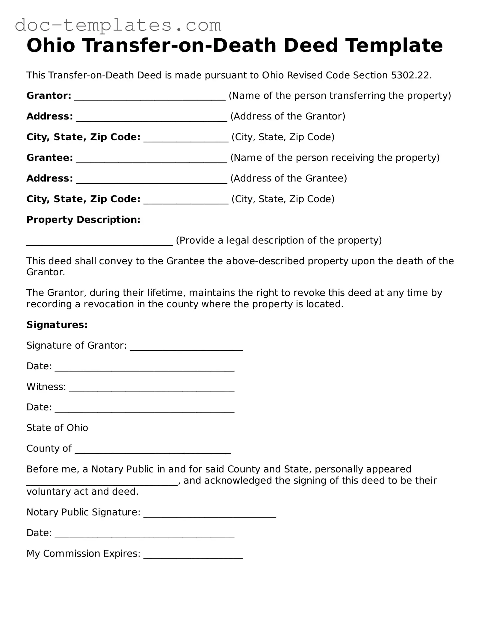 Legal  Transfer-on-Death Deed Form for Ohio