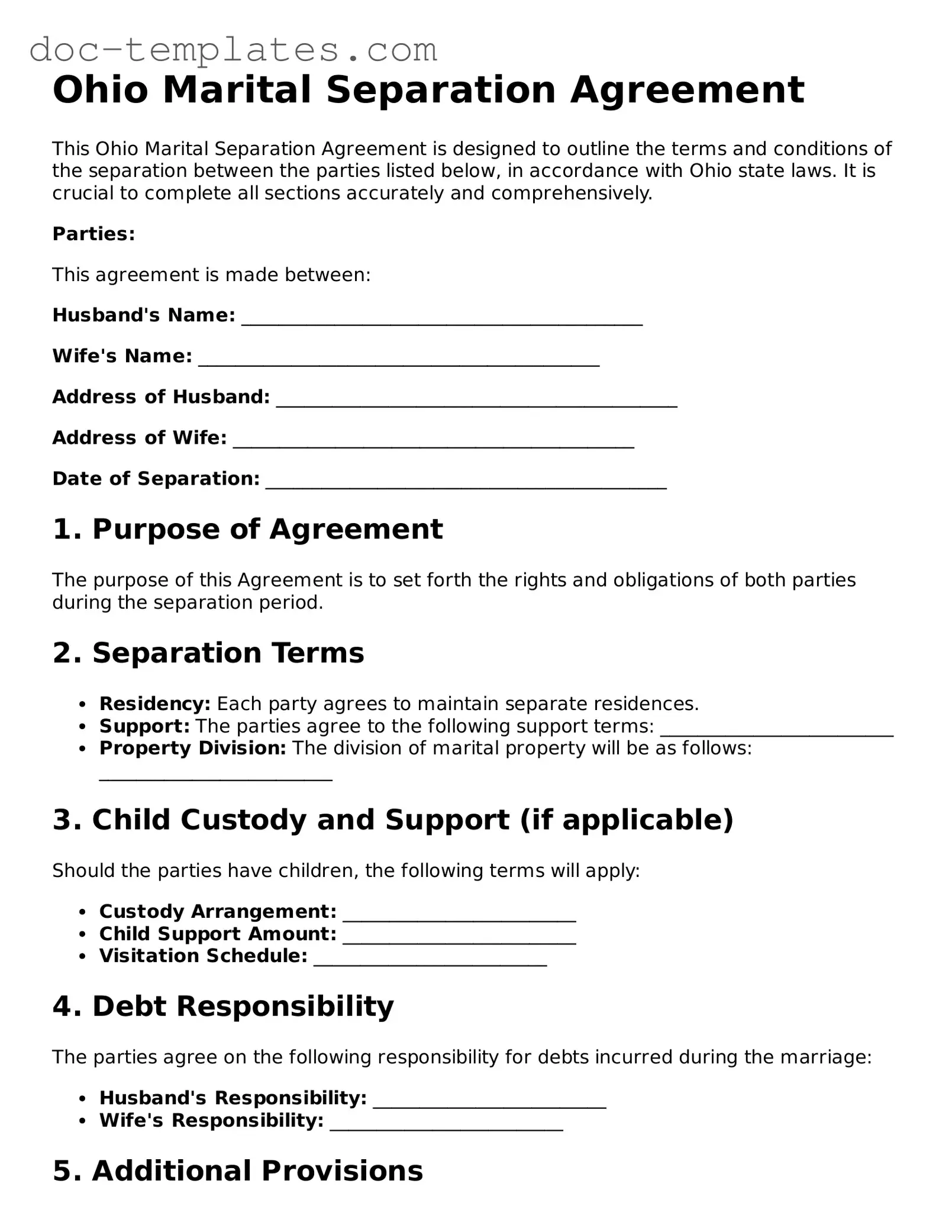 Legal  Marital Separation Agreement Form for Ohio