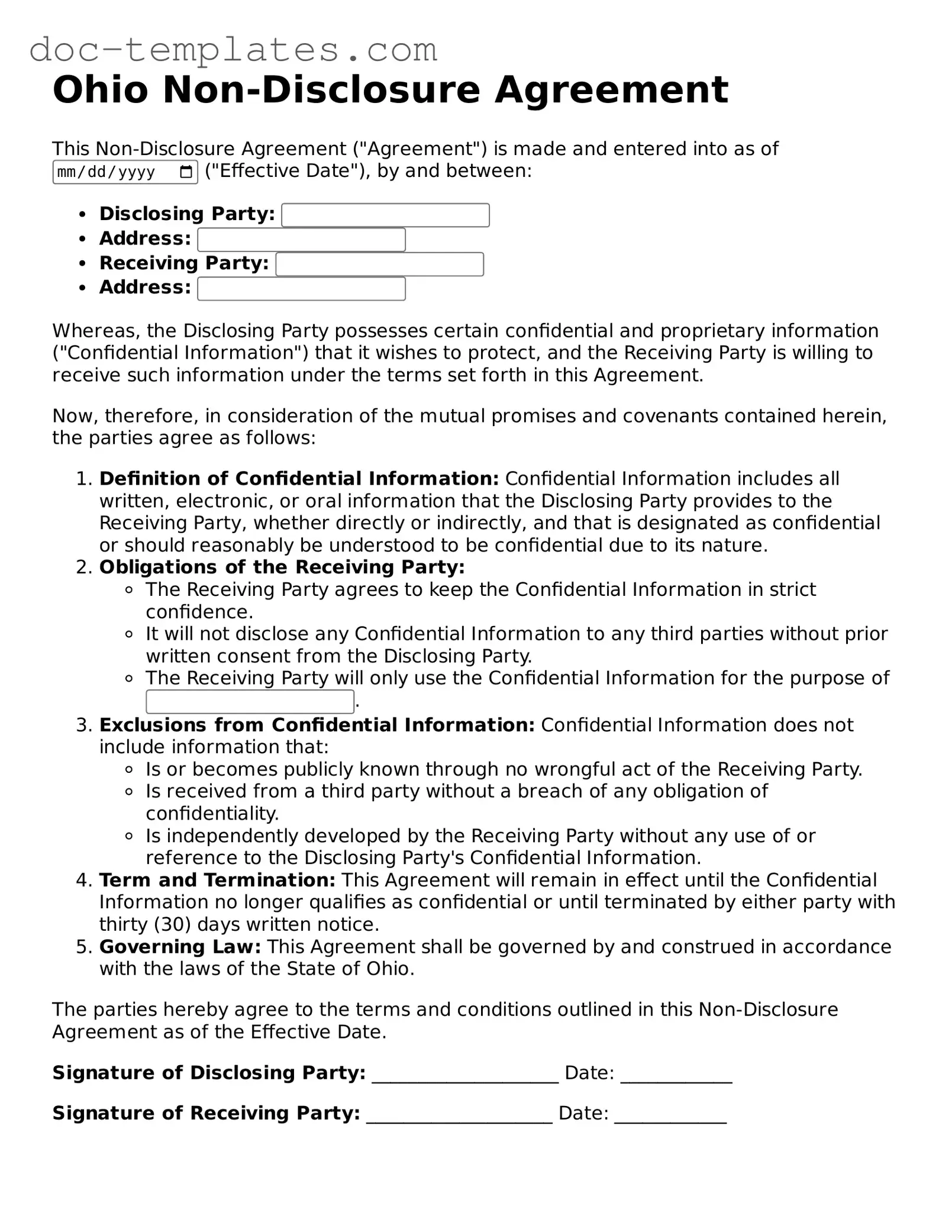 Legal  Non-disclosure Agreement Form for Ohio
