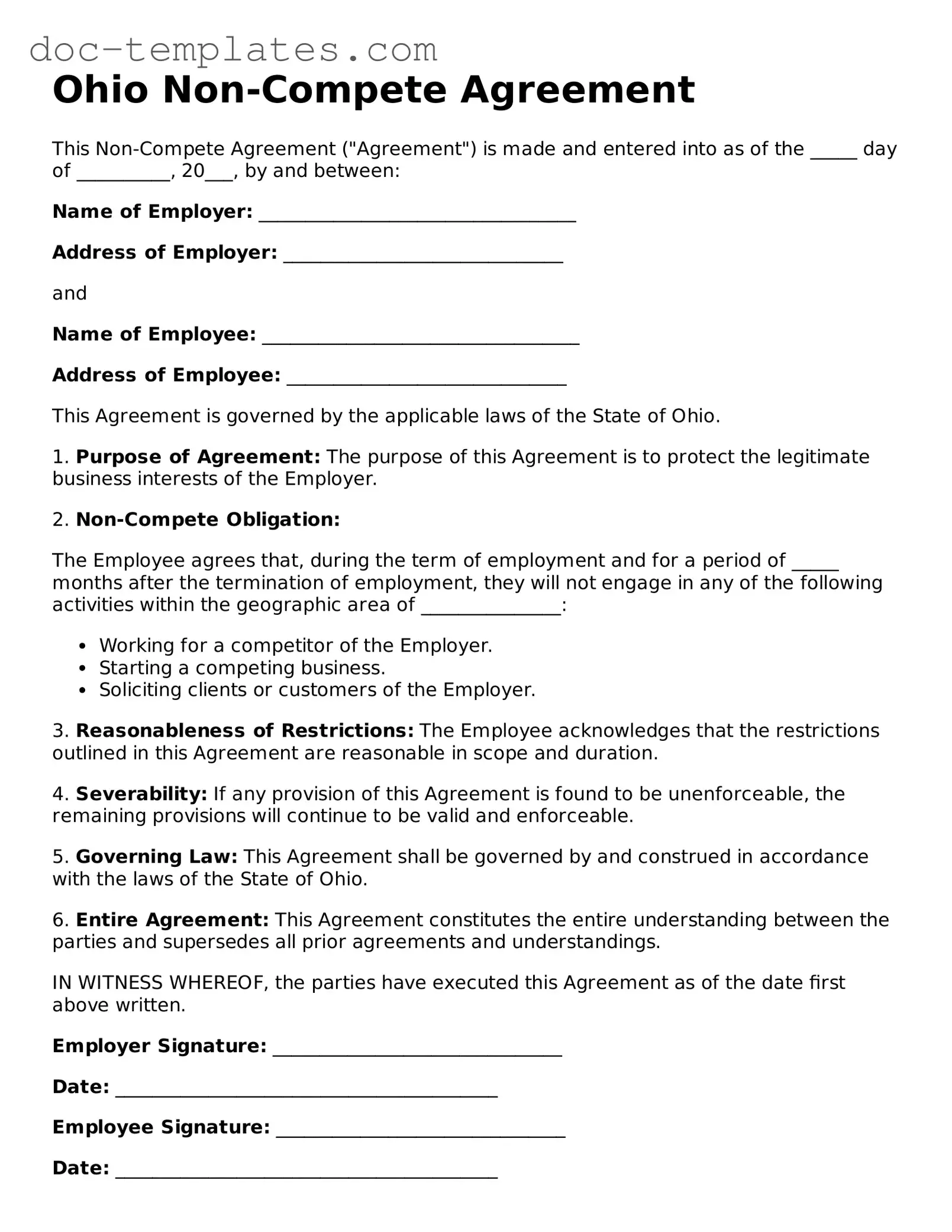 Legal  Non-compete Agreement Form for Ohio