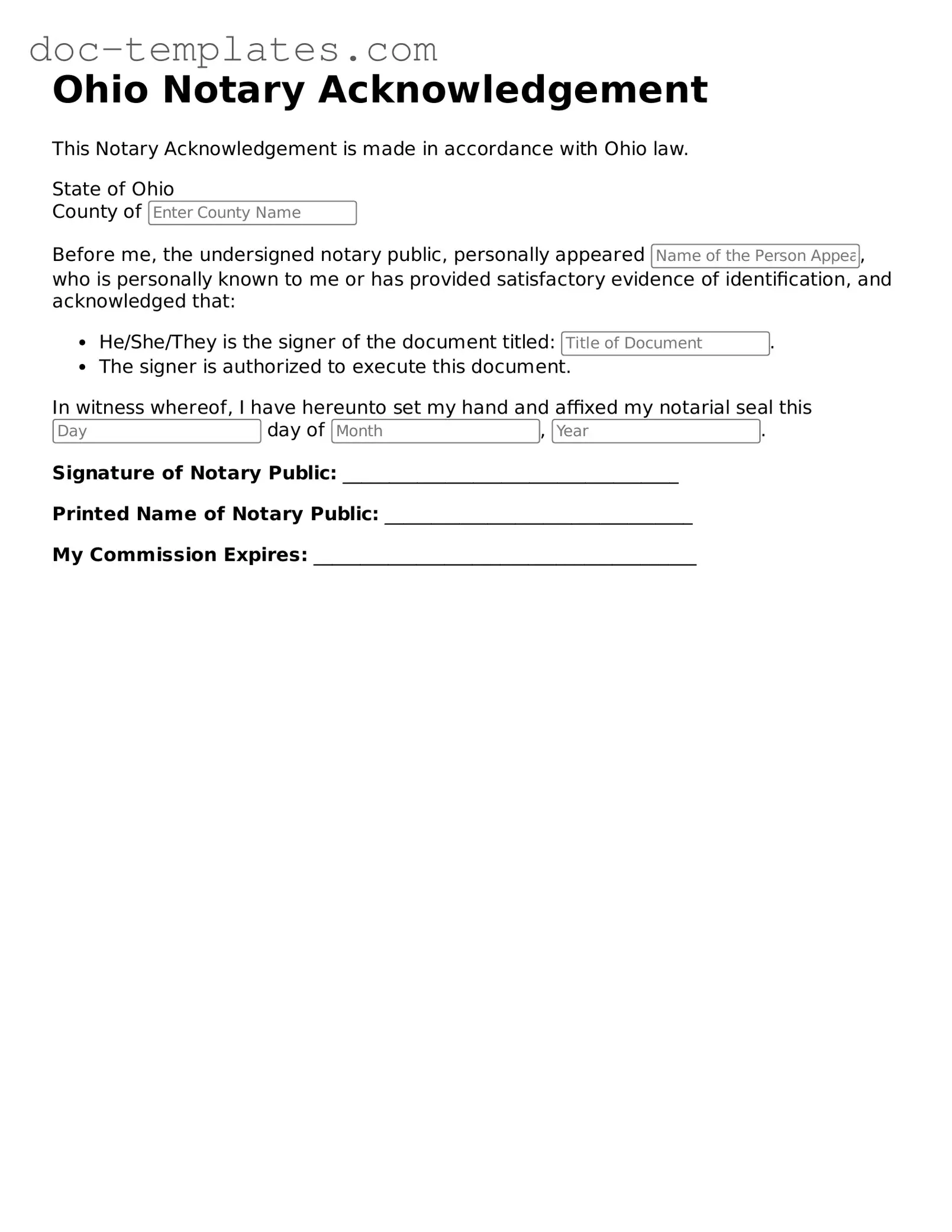 Legal  Notary Acknowledgement Form for Ohio