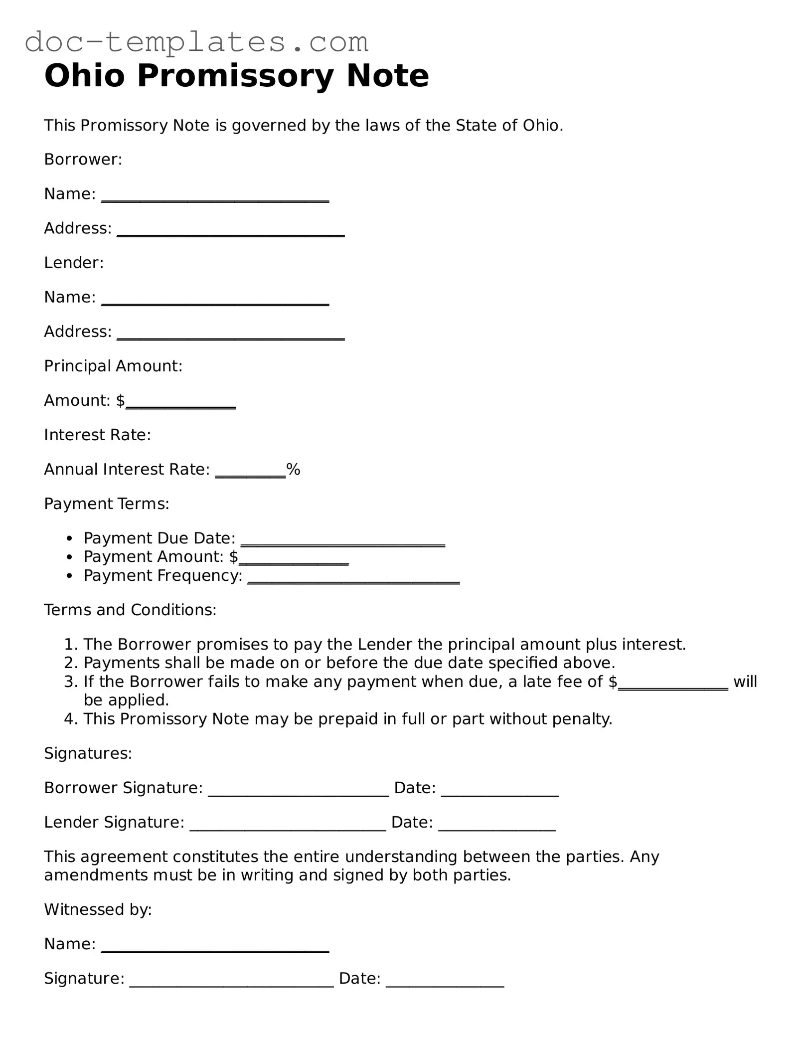 Legal  Promissory Note Form for Ohio