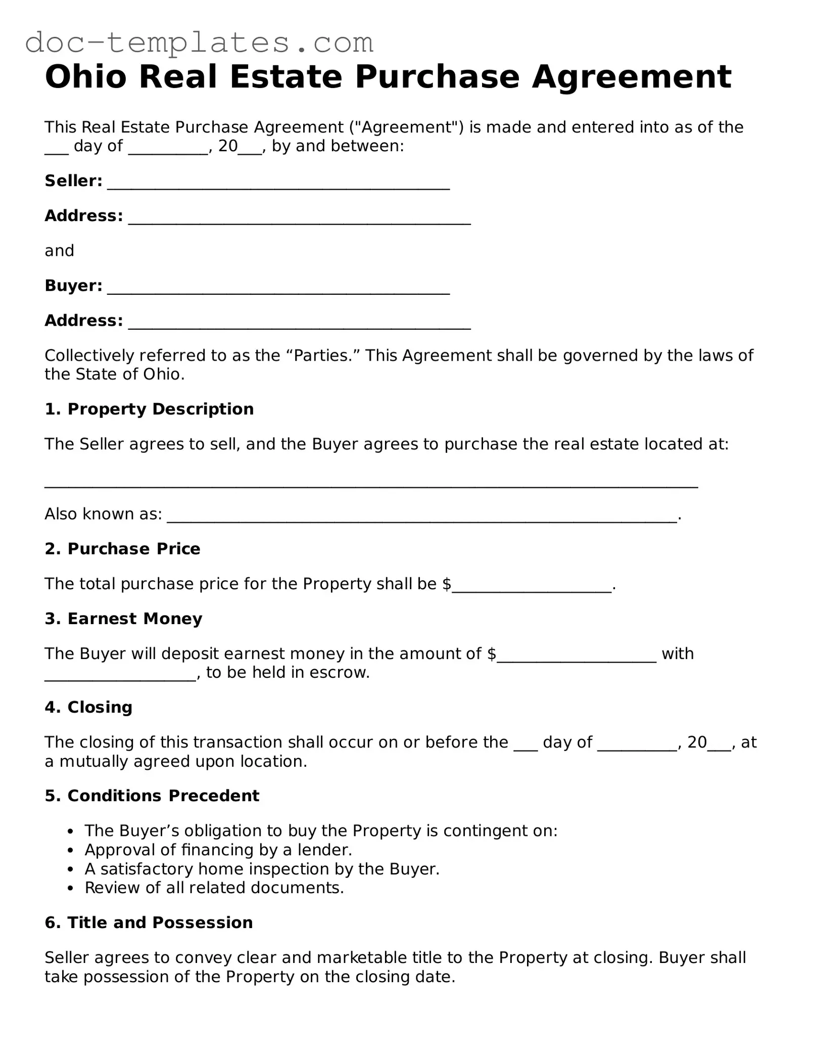 Legal  Real Estate Purchase Agreement Form for Ohio