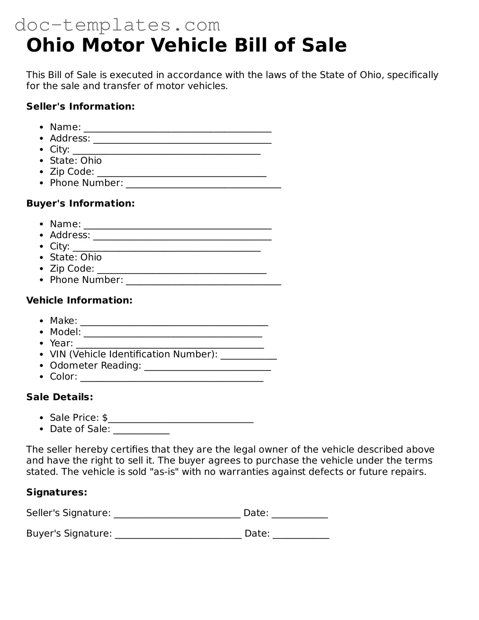Legal  Motor Vehicle Bill of Sale Form for Ohio