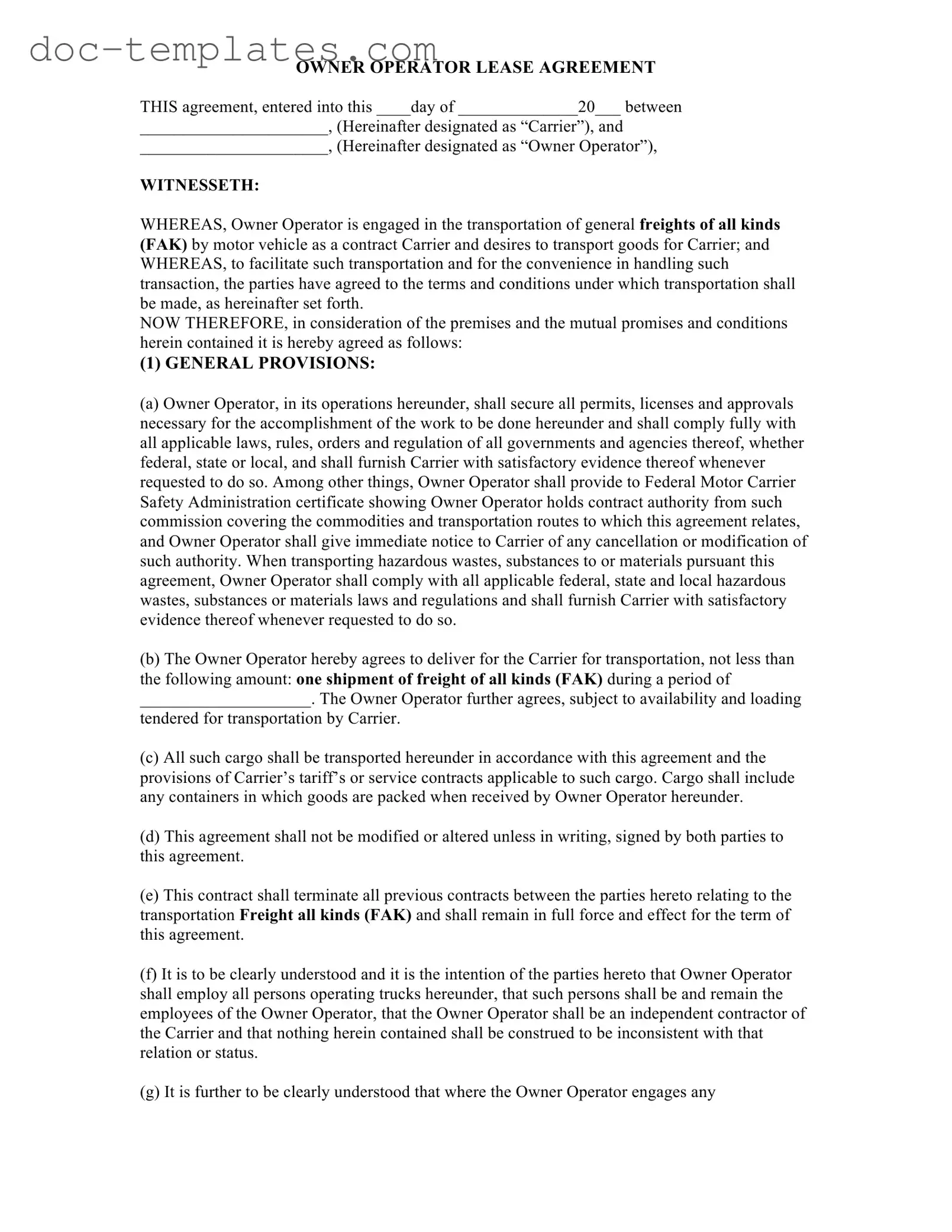 Download Owner Operator Lease Agreement Template