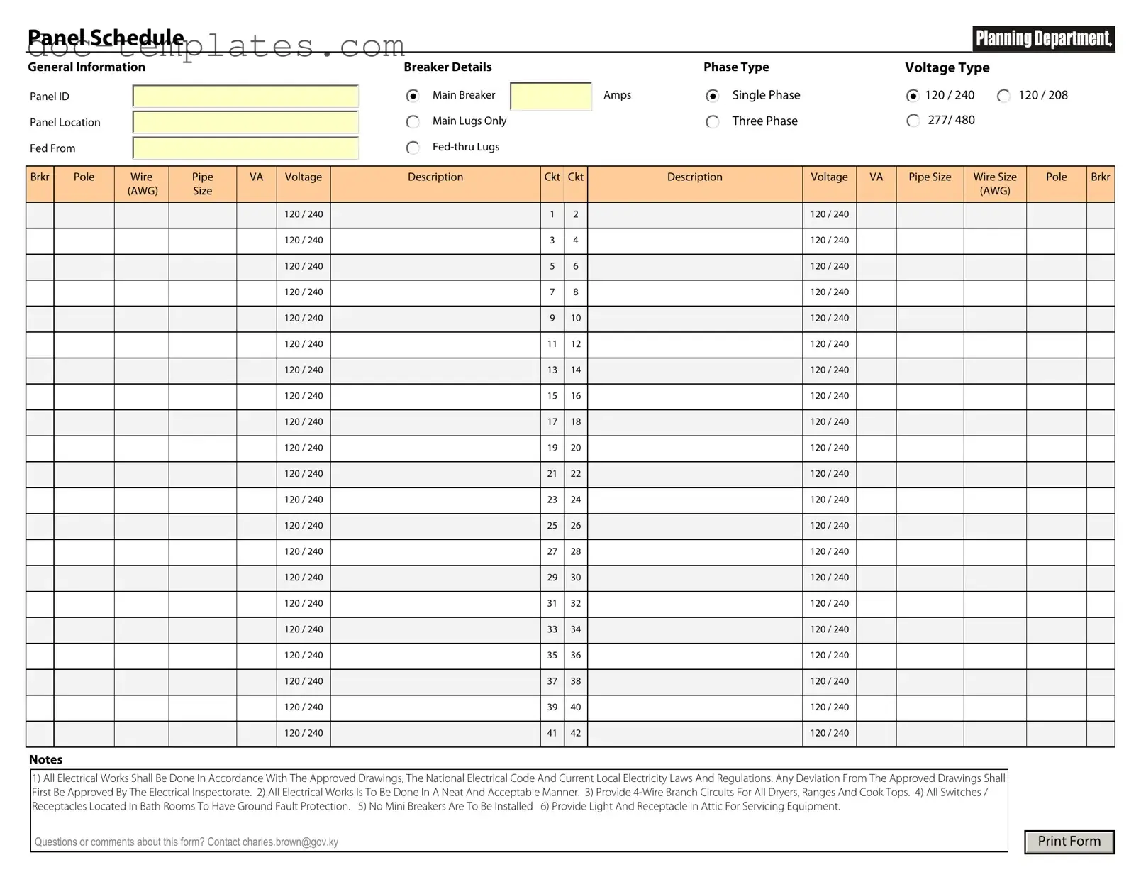 Download Electrical Panel Schedule Template