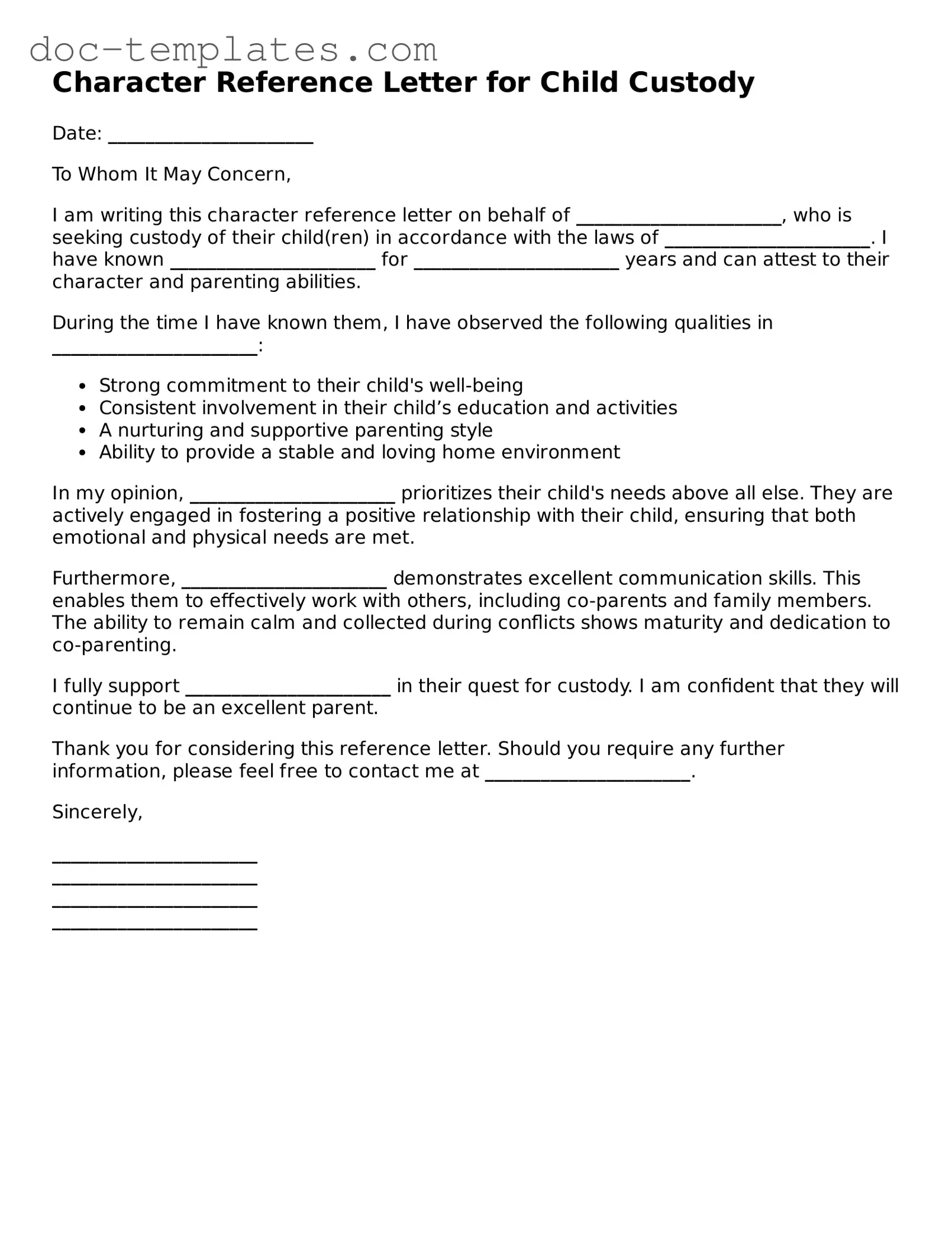 Official Character Reference Letter for Child Custody Document