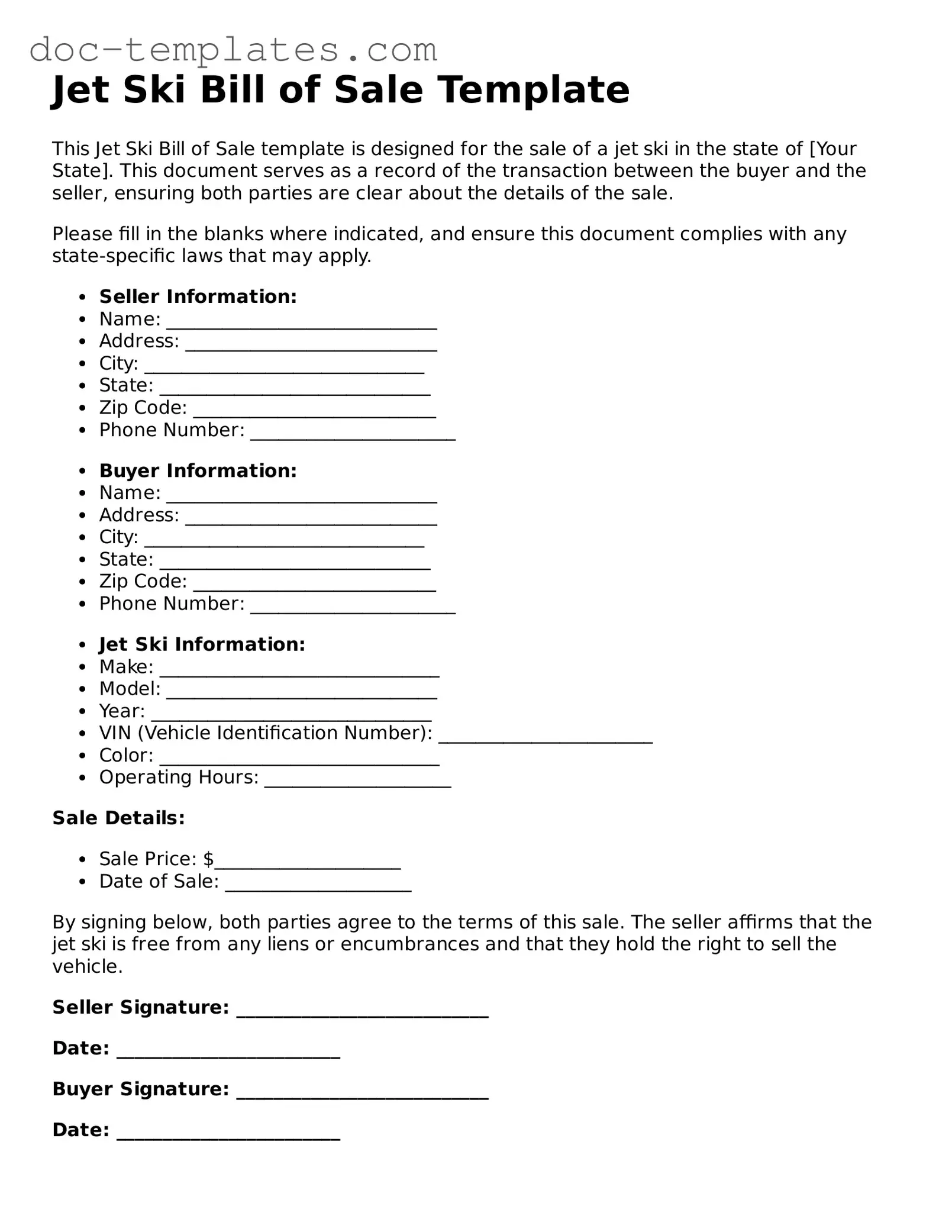 Official Jet Ski Bill of Sale Document