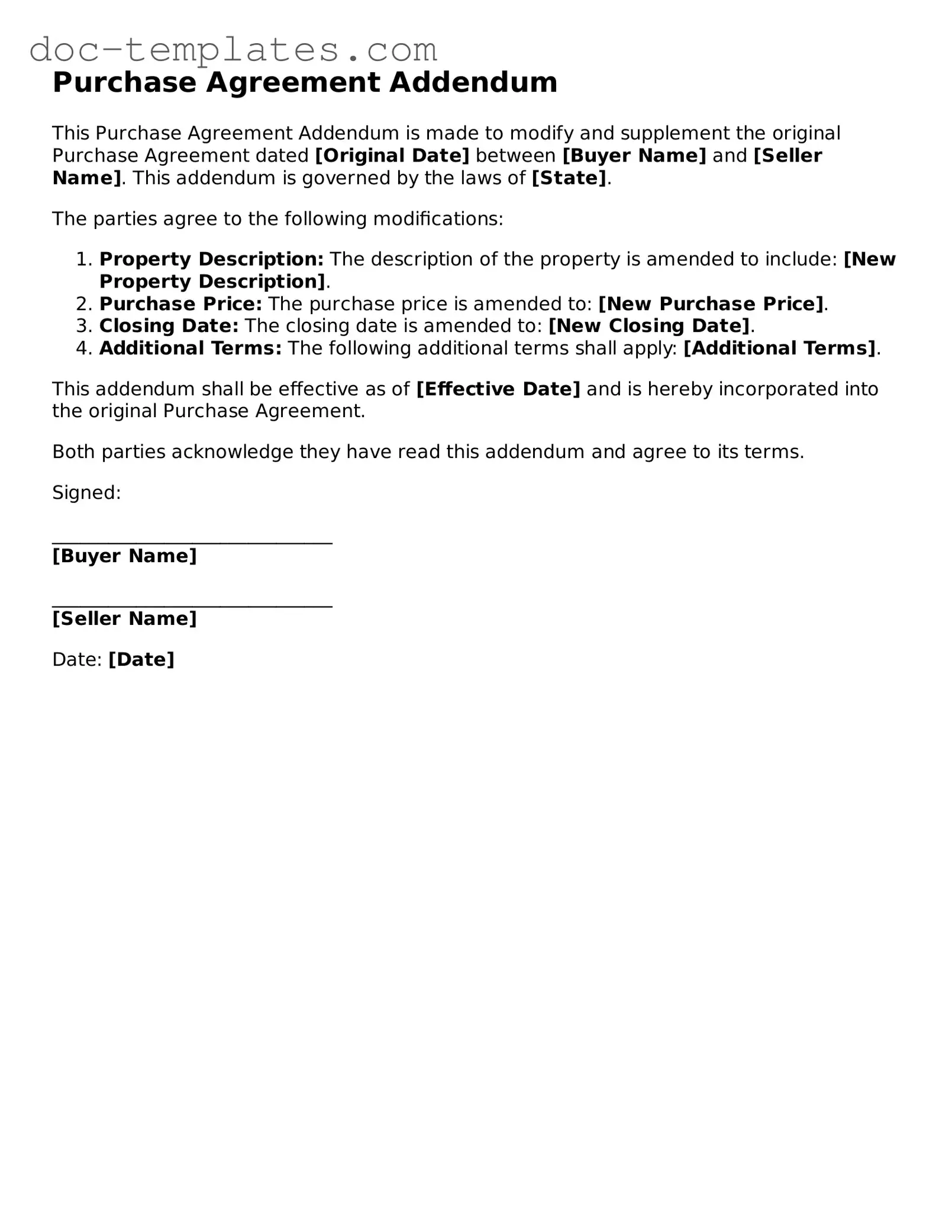 Official Purchase Agreement Addendum Document