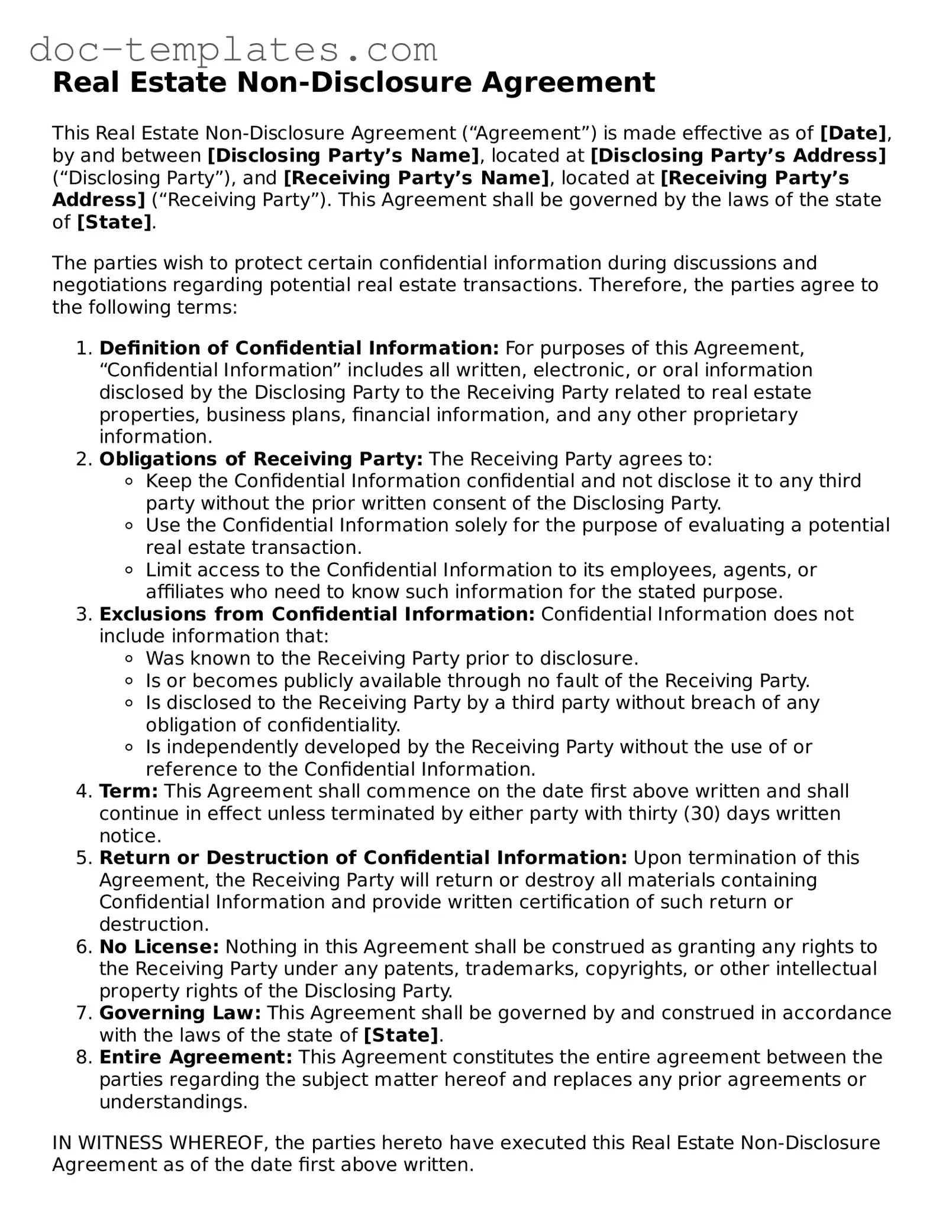 Official Real Estate Non-Disclosure Agreement Document
