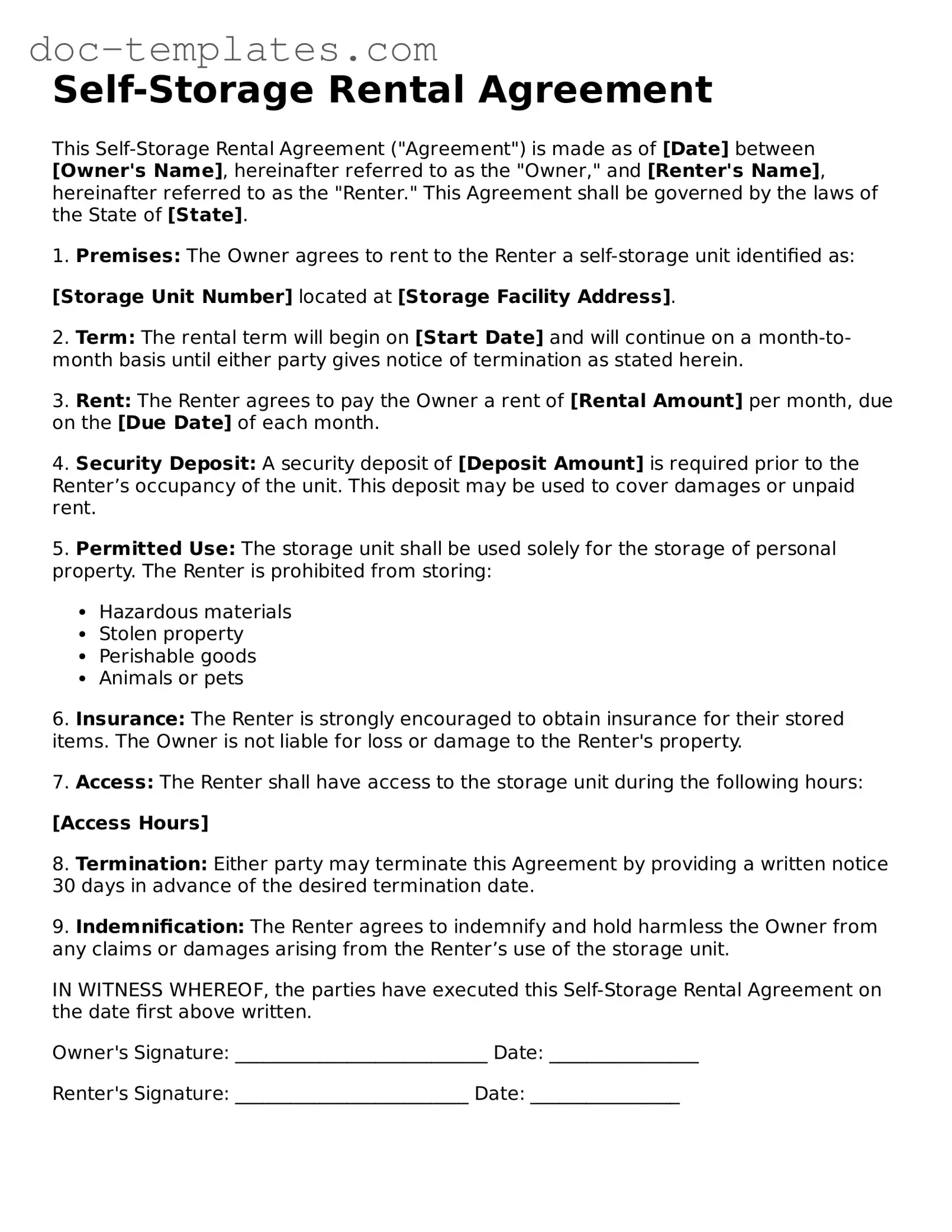 Official Self-Storage Rental Agreement Document