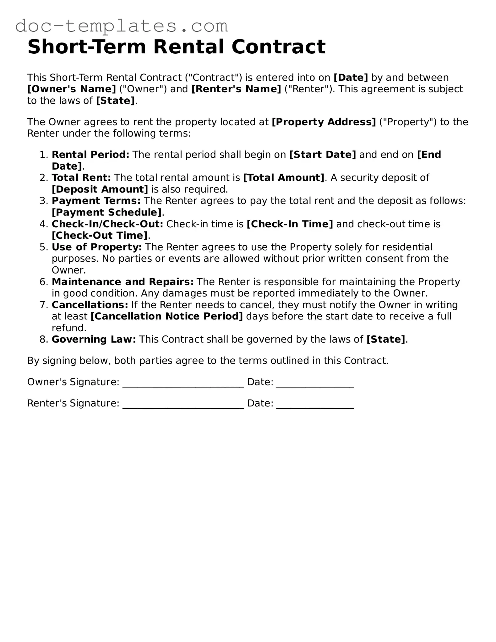 Free Short Term Rental Contract Forms Printable Template