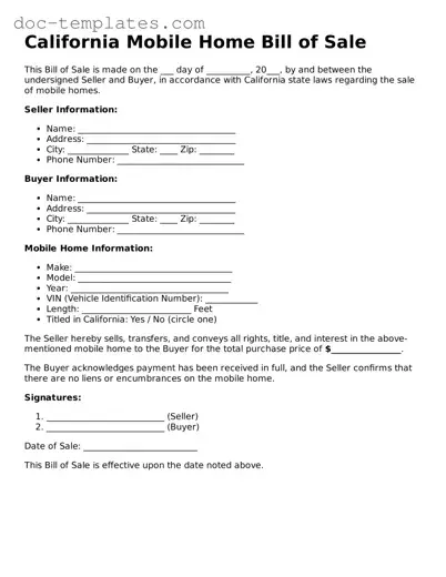 Legal  Mobile Home Bill of Sale Form for California