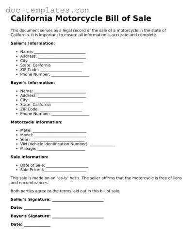 Legal  Motorcycle Bill of Sale Form for California