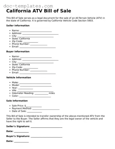 Legal  ATV Bill of Sale Form for California