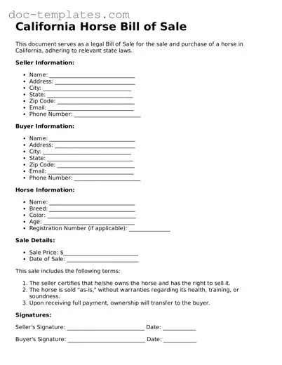Legal  Horse Bill of Sale Form for California